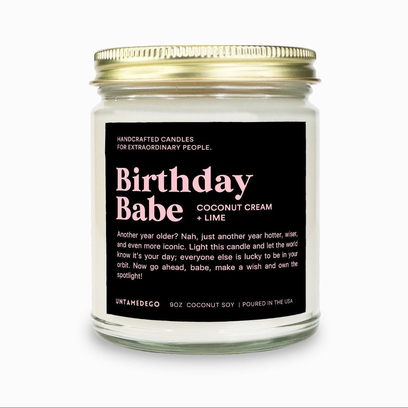 Candle jar labeled 'Birthday Babe' on a white background