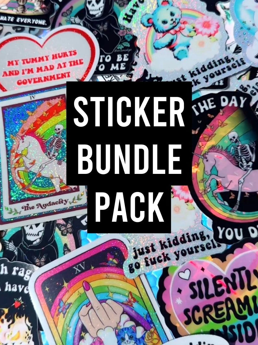 A collection of various colorful stickers with different designs, covering a range of topics and placed close together, with the text 'STICKER BUNDLE PACK' prominently displayed in the center.