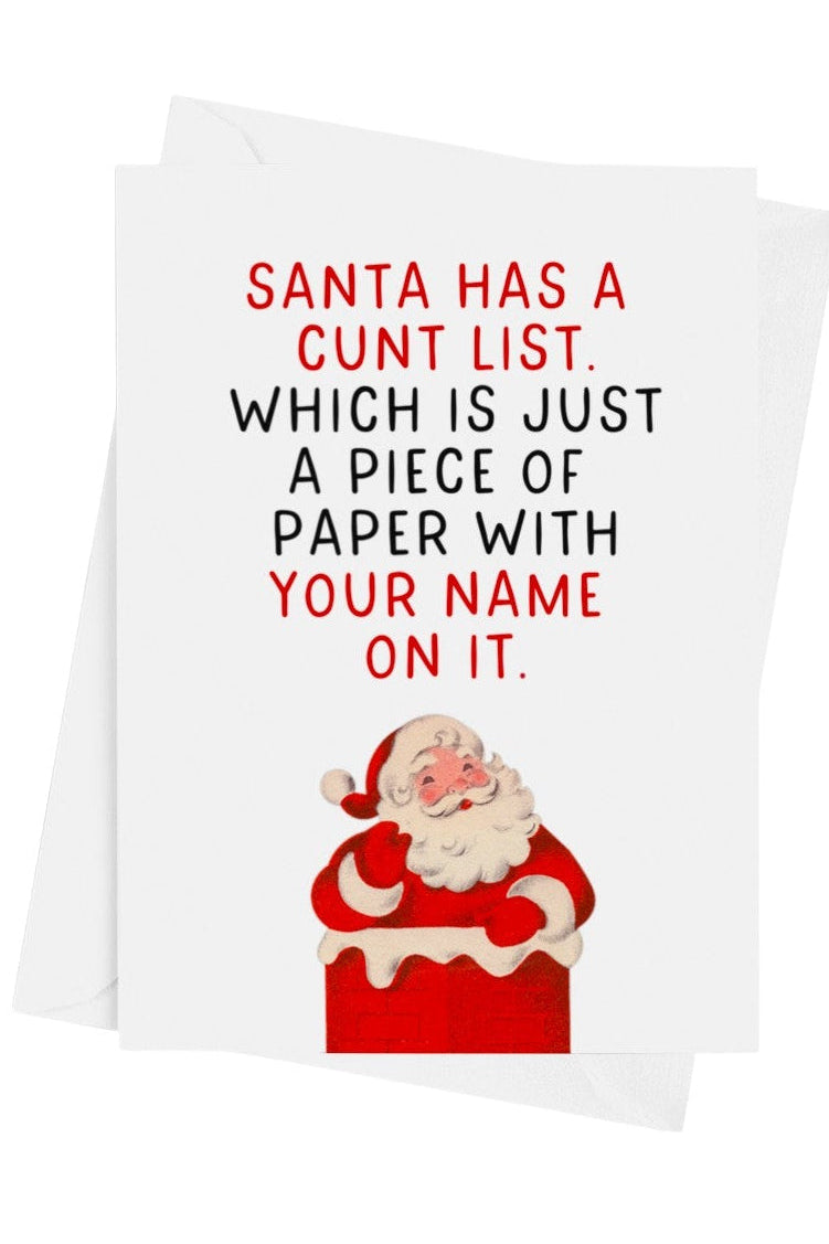 Card with Santa Claus holding a list and text about a 'cunt list' on a white background