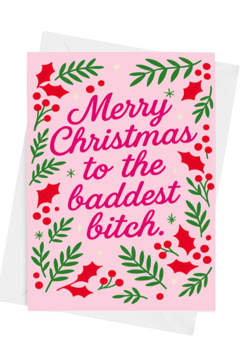 Christmas card with pink background and festive text on a white background