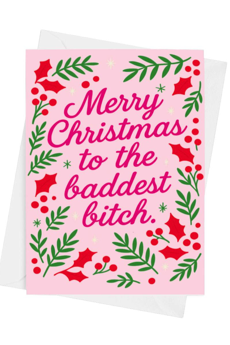 Christmas card with pink background and festive text on a white background