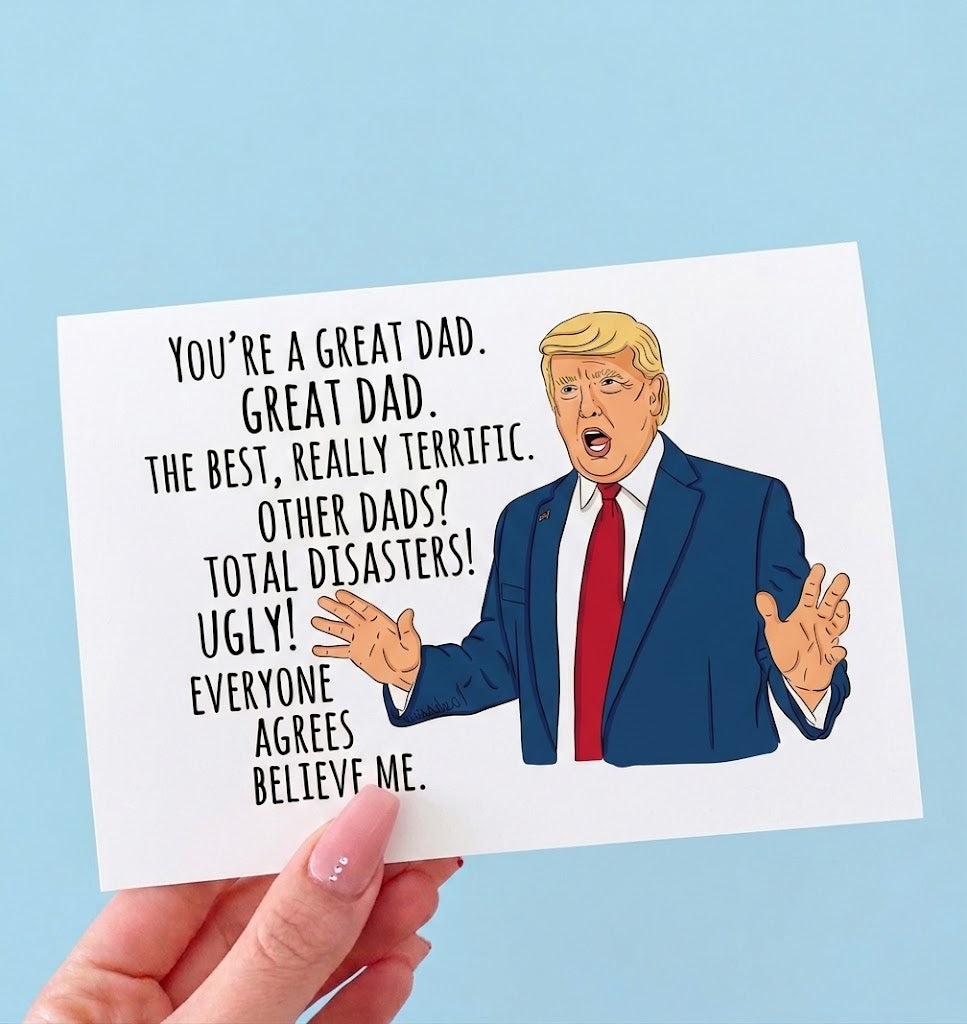 Cartoon card with a character resembling a famous political figure, held against a blue background.