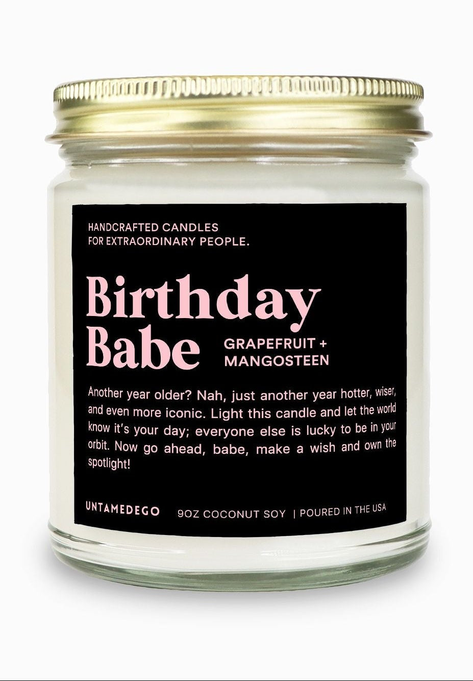 Candle jar labeled 'Birthday Babe' on a white background