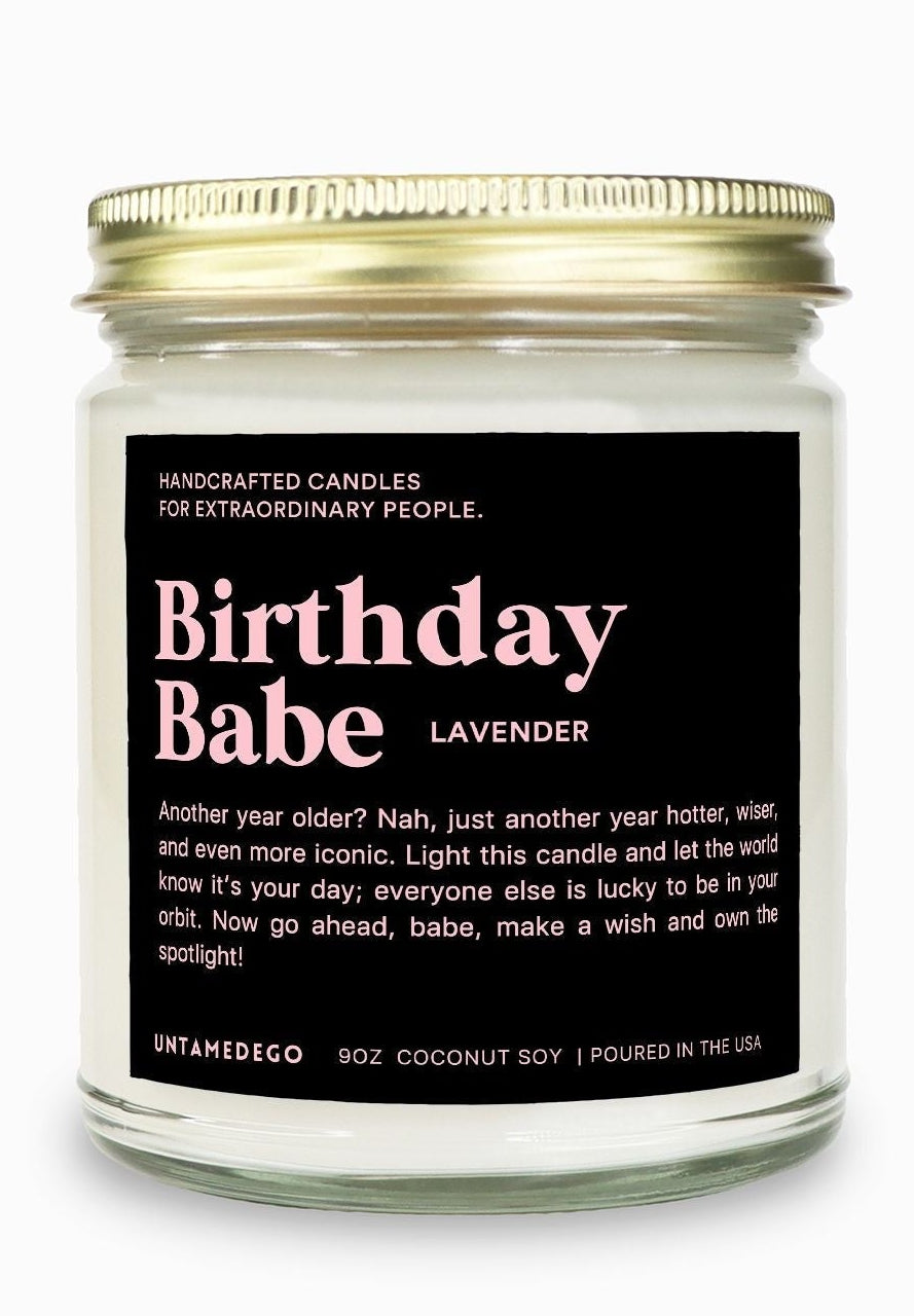 Candle jar labeled 'Birthday Babe' with lavender scent on a white background