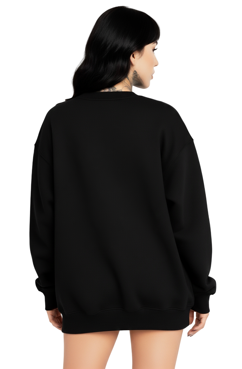 Person wearing a black oversized sweatshirt on a white background