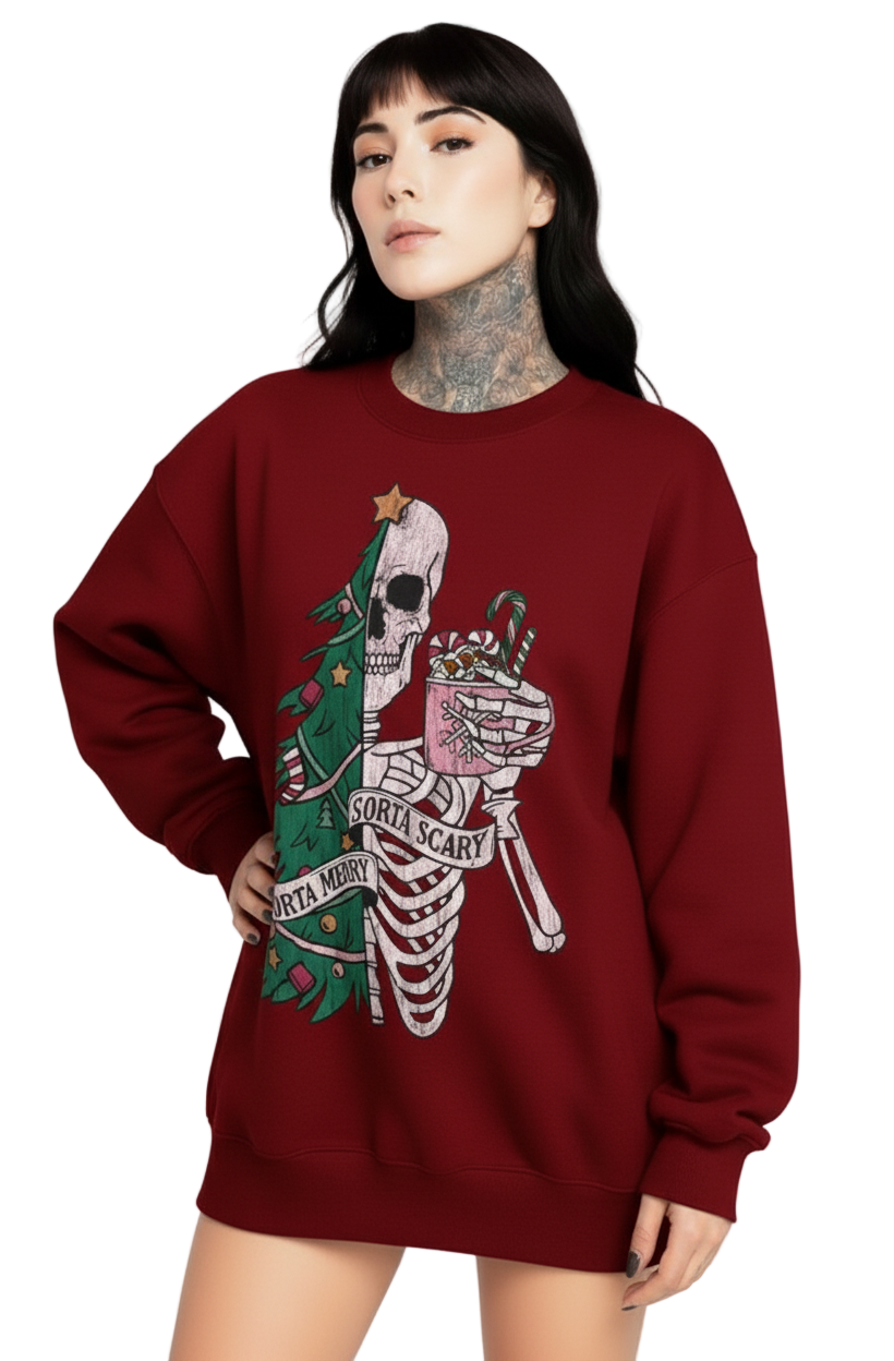 Person wearing a red sweatshirt with a graphic design on a white background