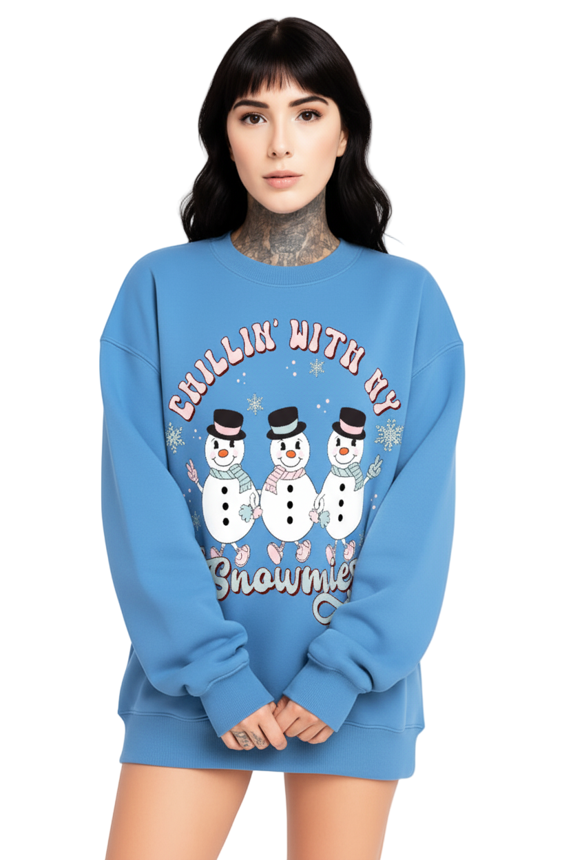 Person wearing a blue sweatshirt with snowmen graphics and text on a white background