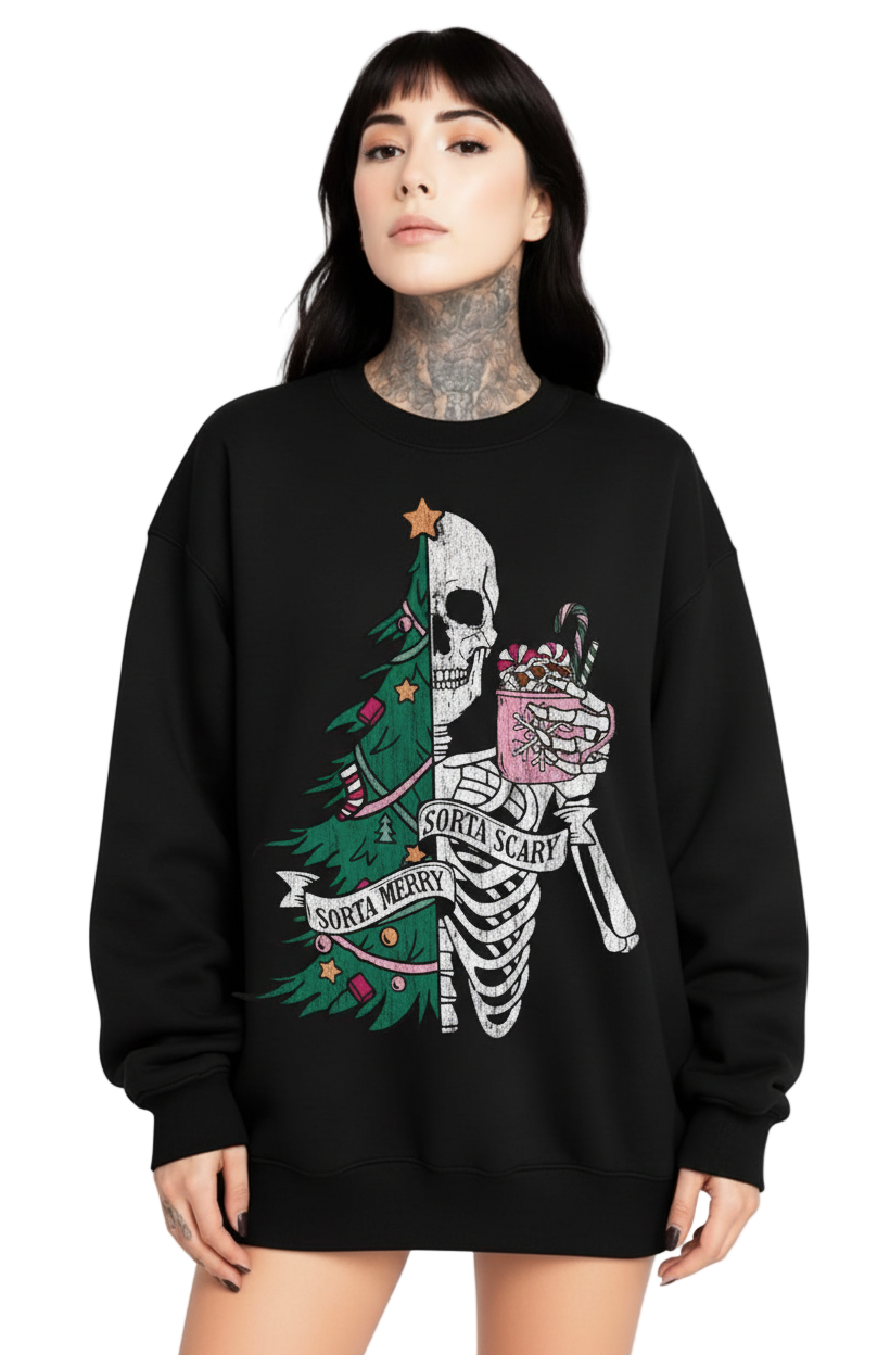 Person wearing a black sweatshirt with a skeleton and Christmas tree design.