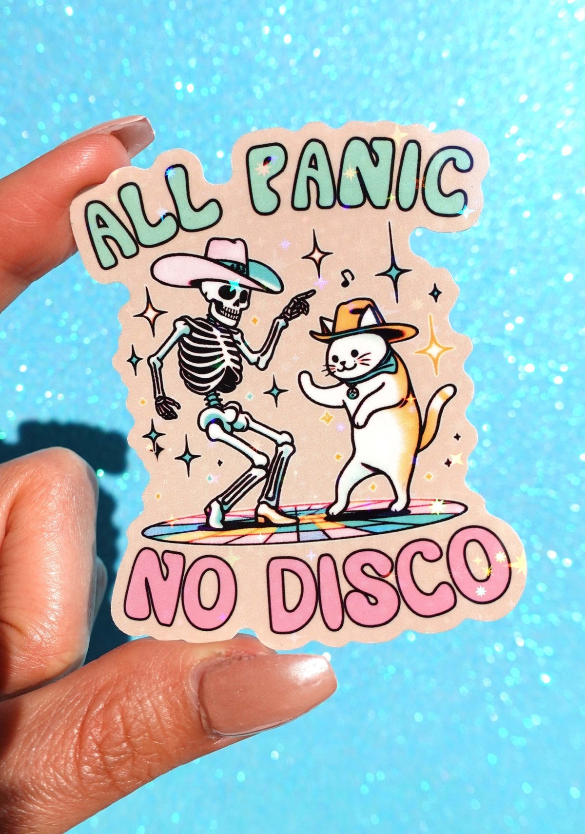All Panic No Disco Sticker – Funny Skeleton Cat Holographic Vinyl Sticker - UntamedEgo LLC.