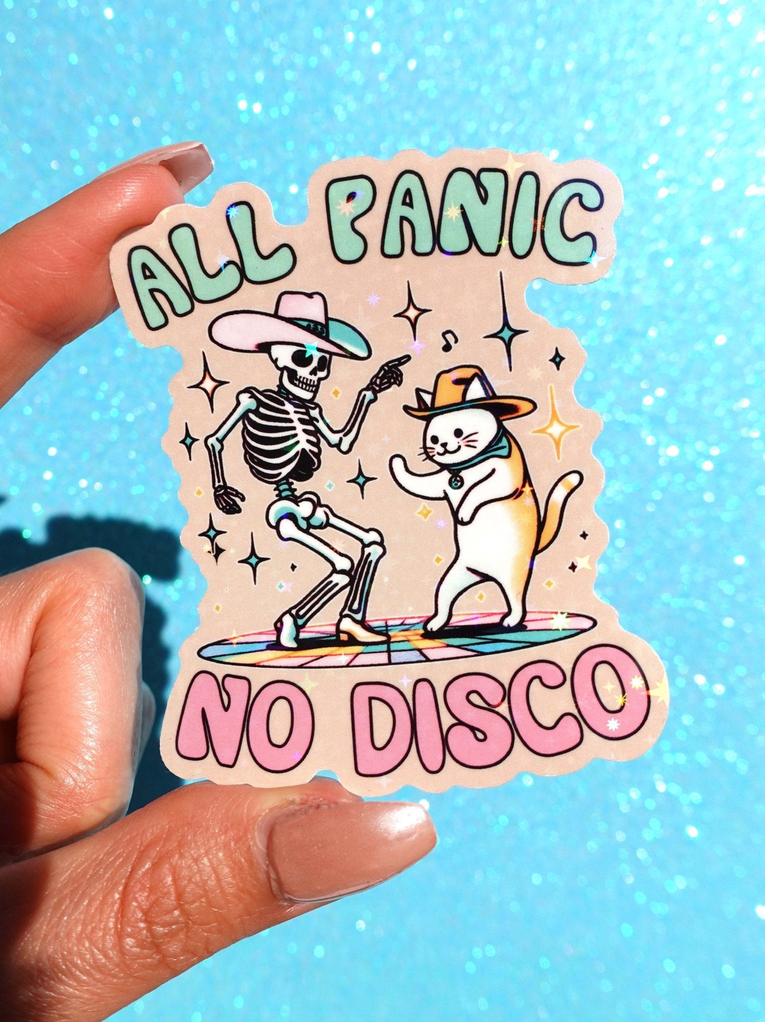 All Panic No Disco Sticker – Funny Skeleton Cat Holographic Vinyl Sticker - UntamedEgo LLC.