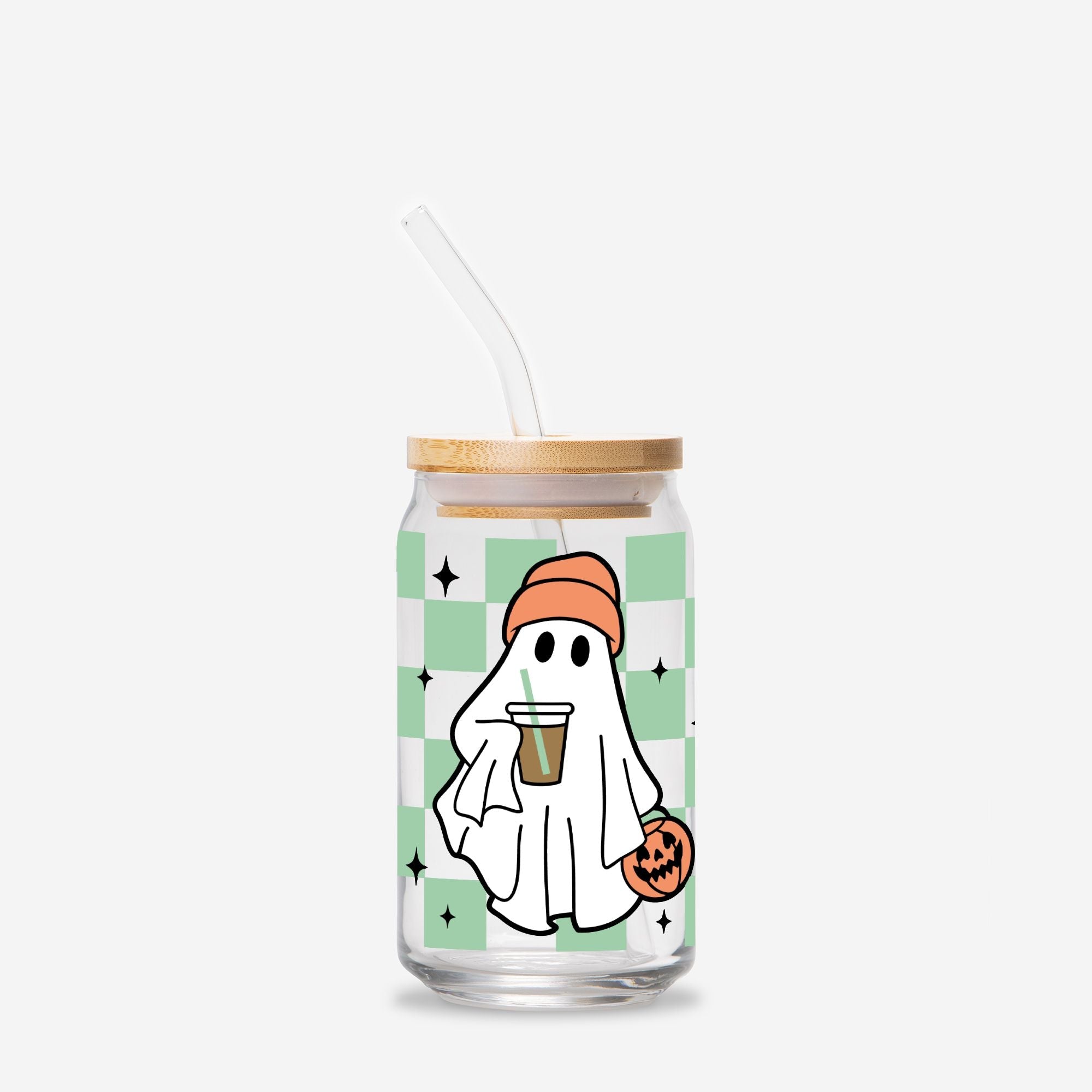 Checkered Ghost Halloween Glass Can 16oz - UntamedEgo LLC.