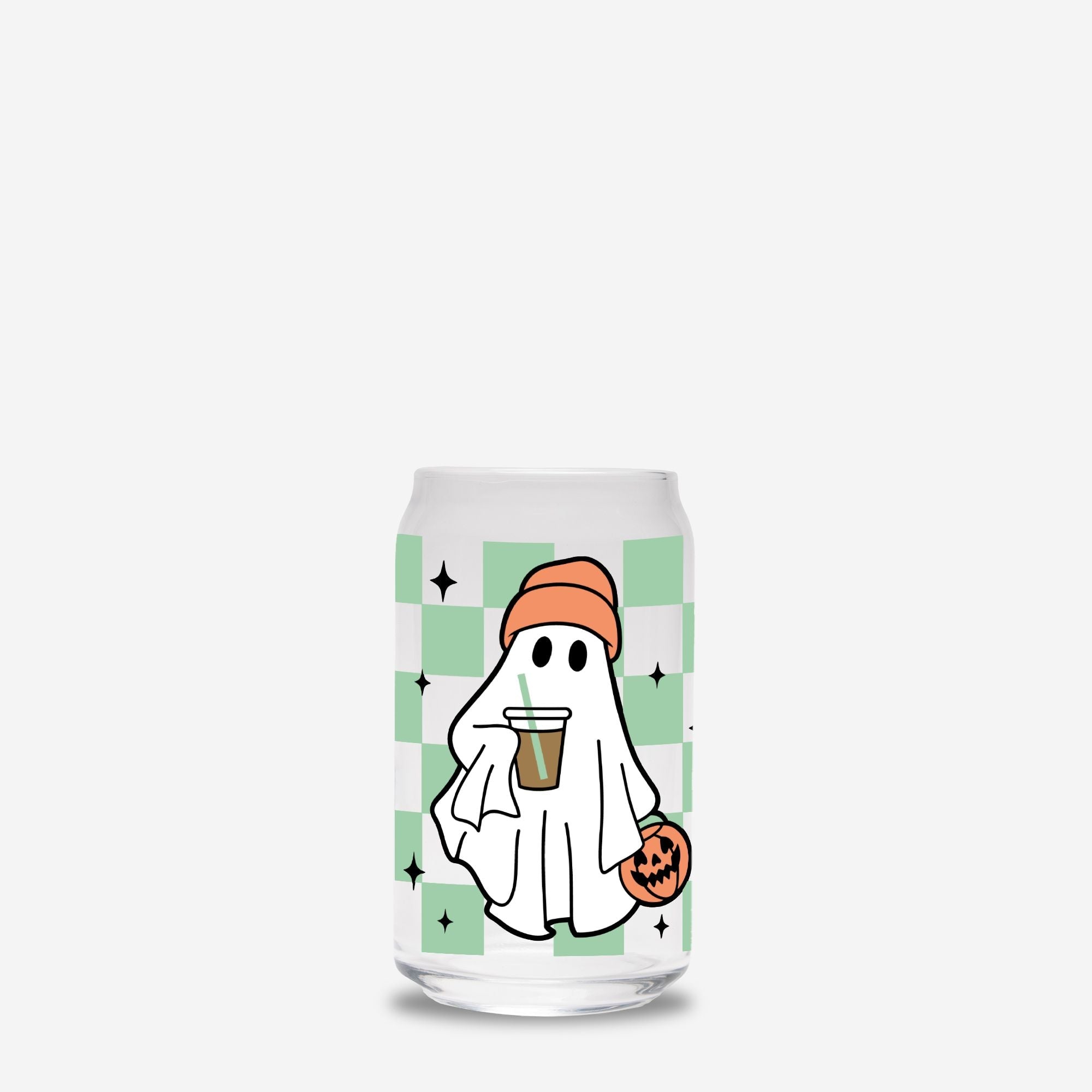 Checkered Ghost Halloween Glass Can 16oz - UntamedEgo LLC.