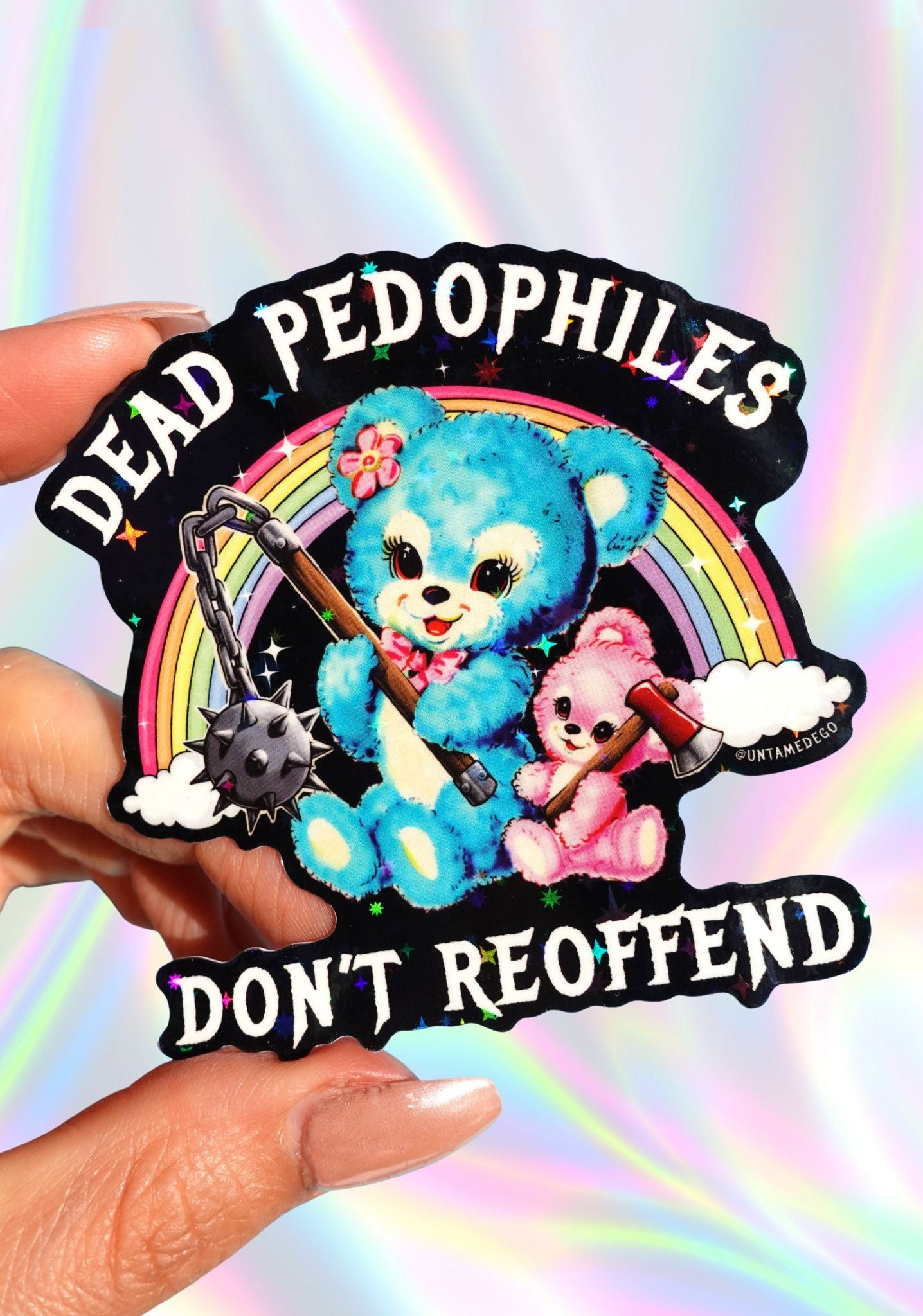 Sticker with cartoon bears, rainbow, and text on a colorful background
