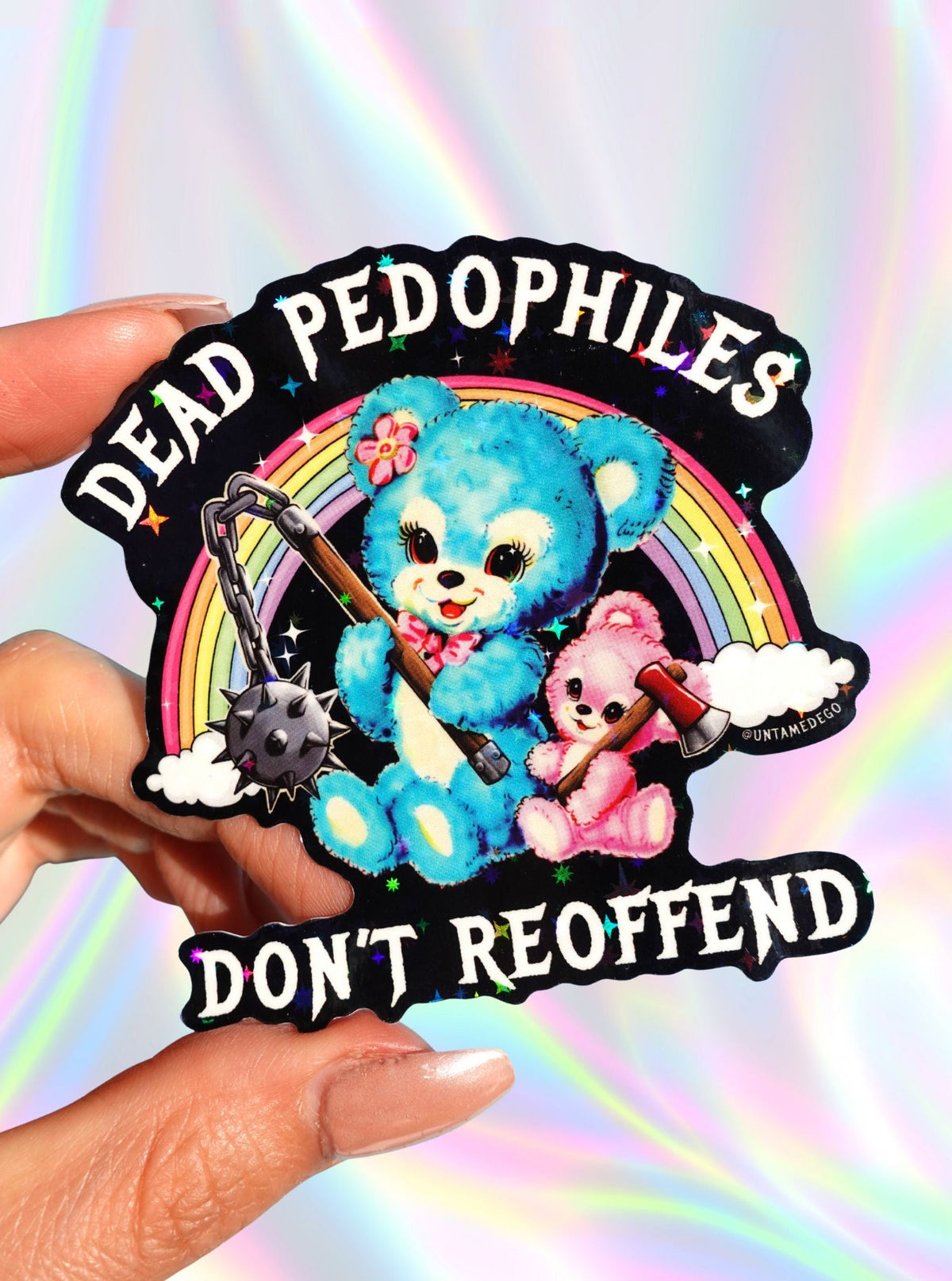Sticker with cartoon bears, rainbow, and text on a colorful background