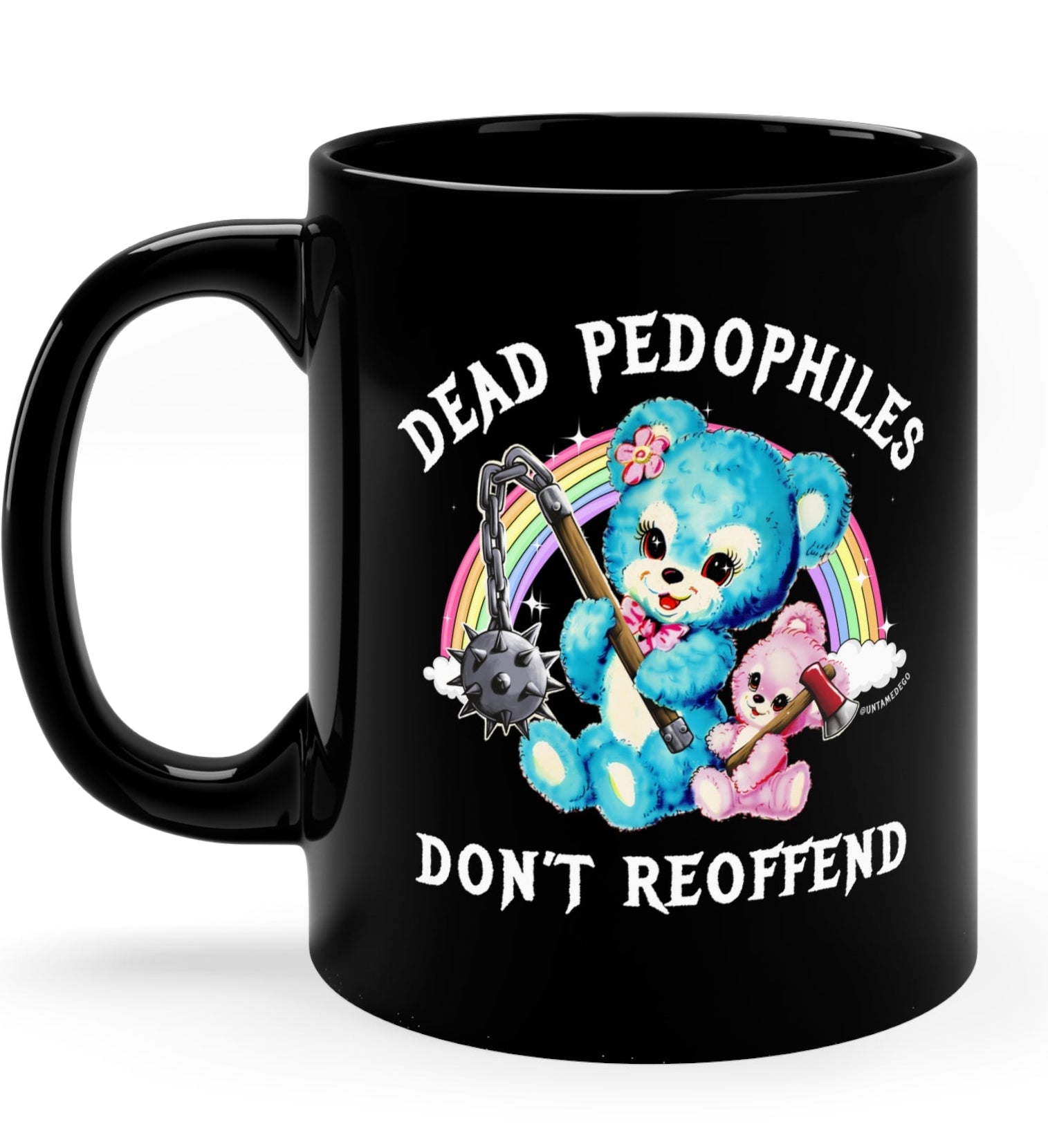 Black mug with cartoon bears and text on a white background