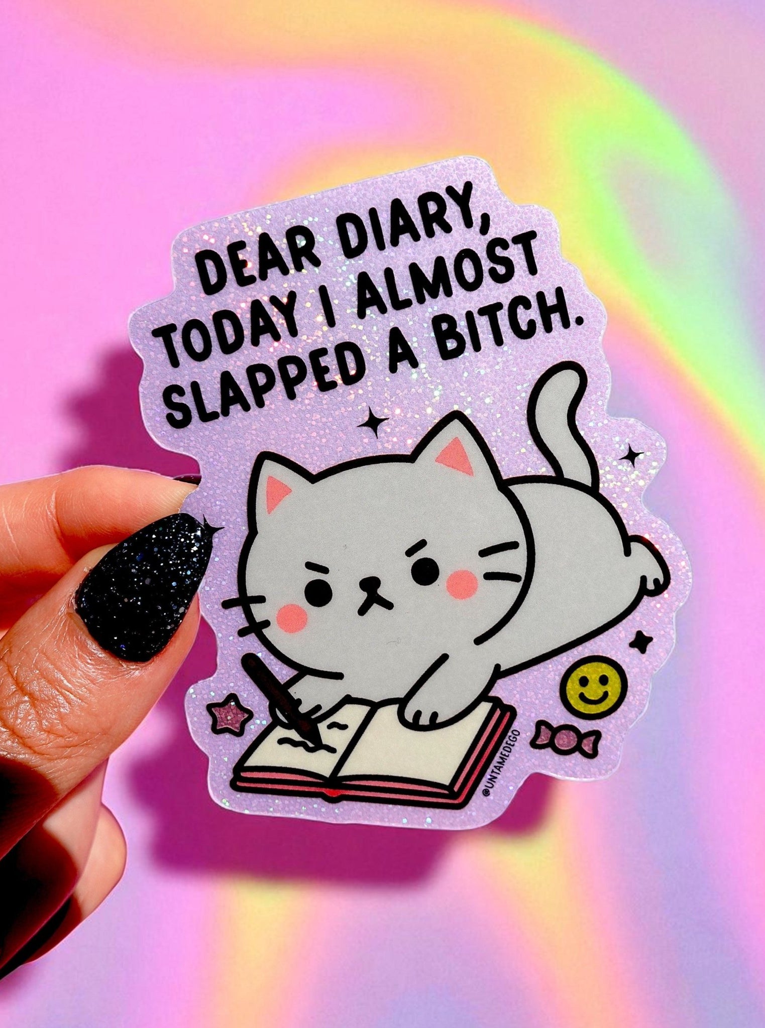 Dear Diary Angry Kitty– Glitter Holographic Sticker - UntamedEgo LLC.