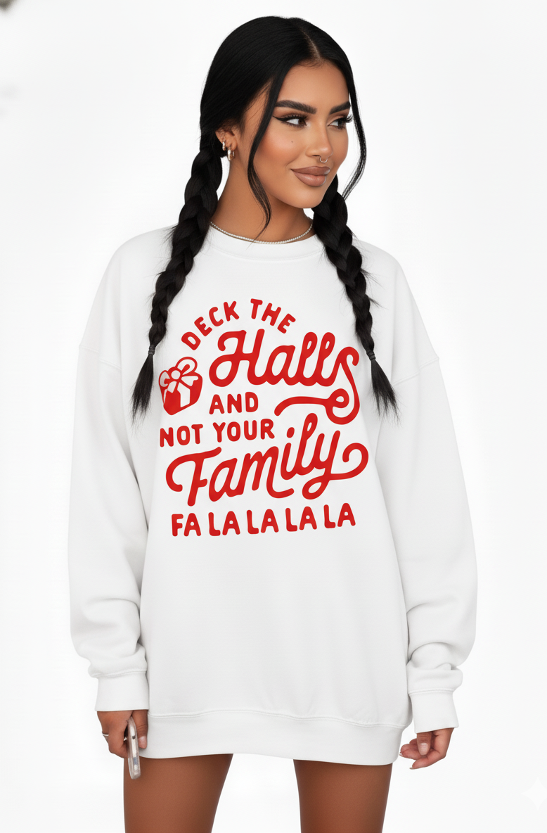 White sweatshirt with red text worn by a model on a white background