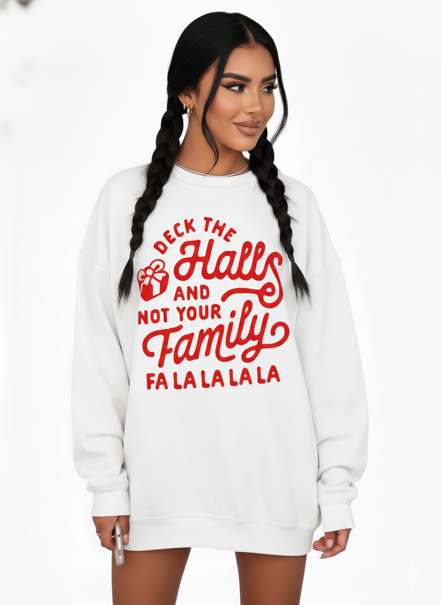 White sweatshirt with red text worn by a model on a white background