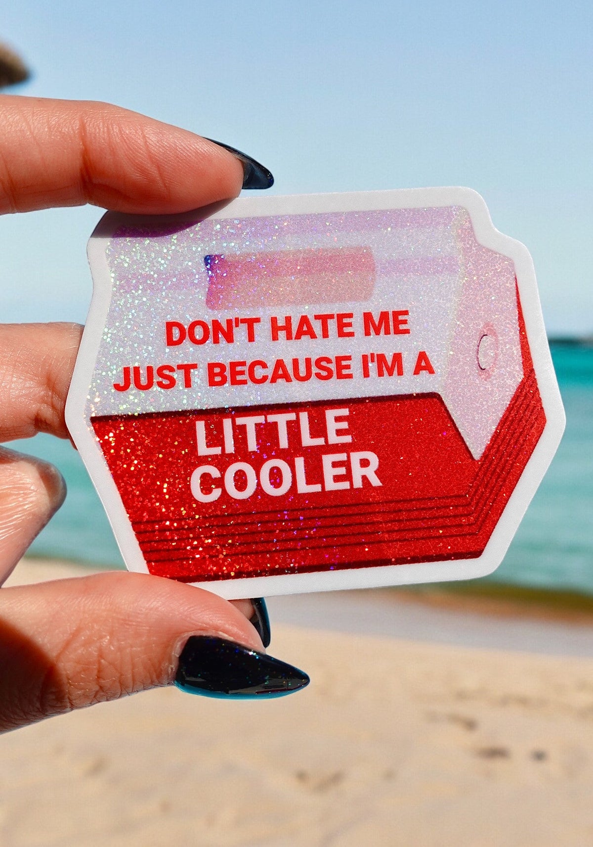 Holographic vinyl sticker shaped like a red drink cooler with white retro-style text reading Don't Hate Me Just Because I'm a Little Cooler. Rainbow iridescent finish.
