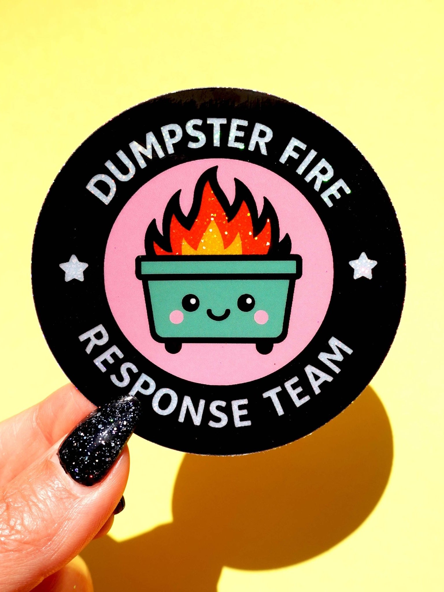 Round die-cut vinyl sticker with a black background and pink circle featuring a kawaii green dumpster with flames and a smiley face. White arched text reads Dumpster Fire Response Team with star accents.