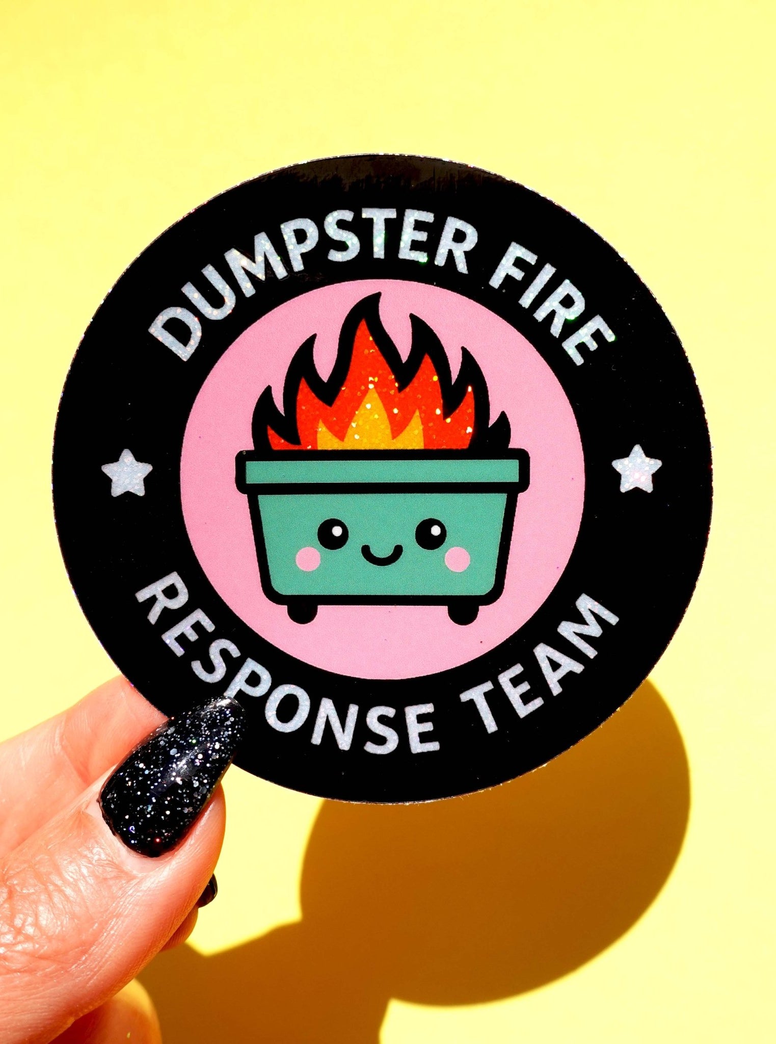 Round die-cut vinyl sticker with a black background and pink circle featuring a kawaii green dumpster with flames and a smiley face. White arched text reads Dumpster Fire Response Team with star accents.