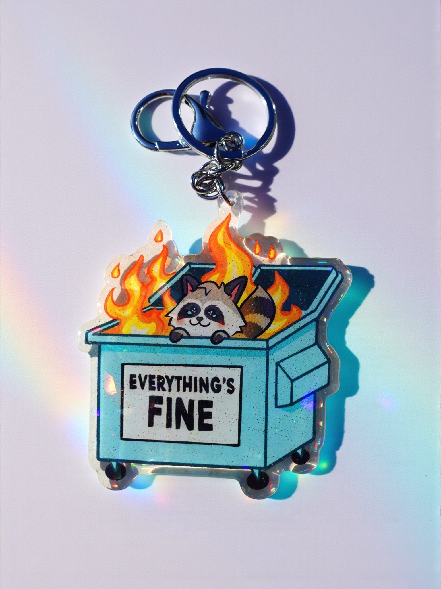 Everything’s Fine Dumpster Fire Keychain | Holographic Glitter Acrylic Keychain - UntamedEgo LLC.