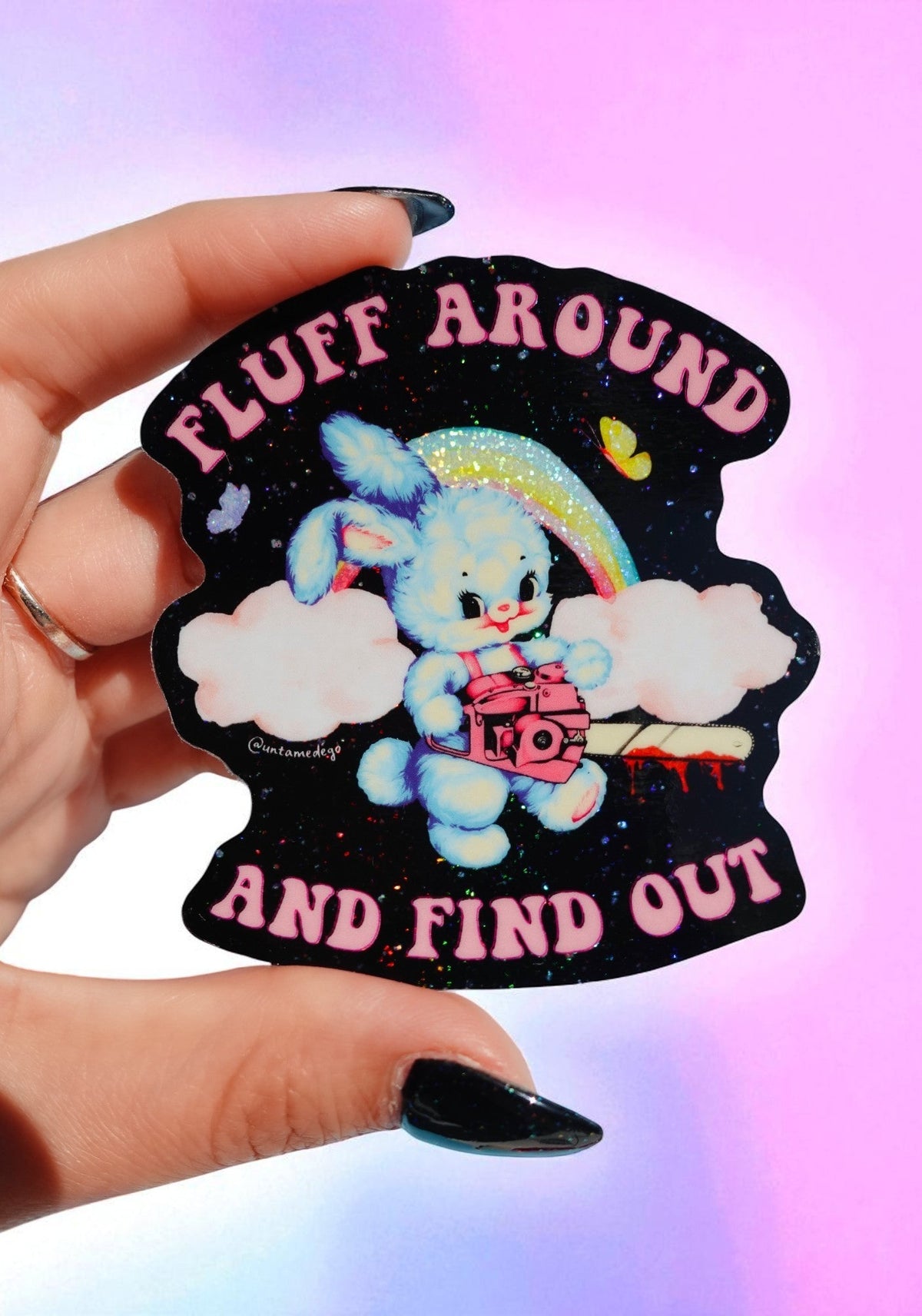 Fluff Around and Find Out – Retro Bunny Glitter Vinyl Sticker - UntamedEgo LLC.