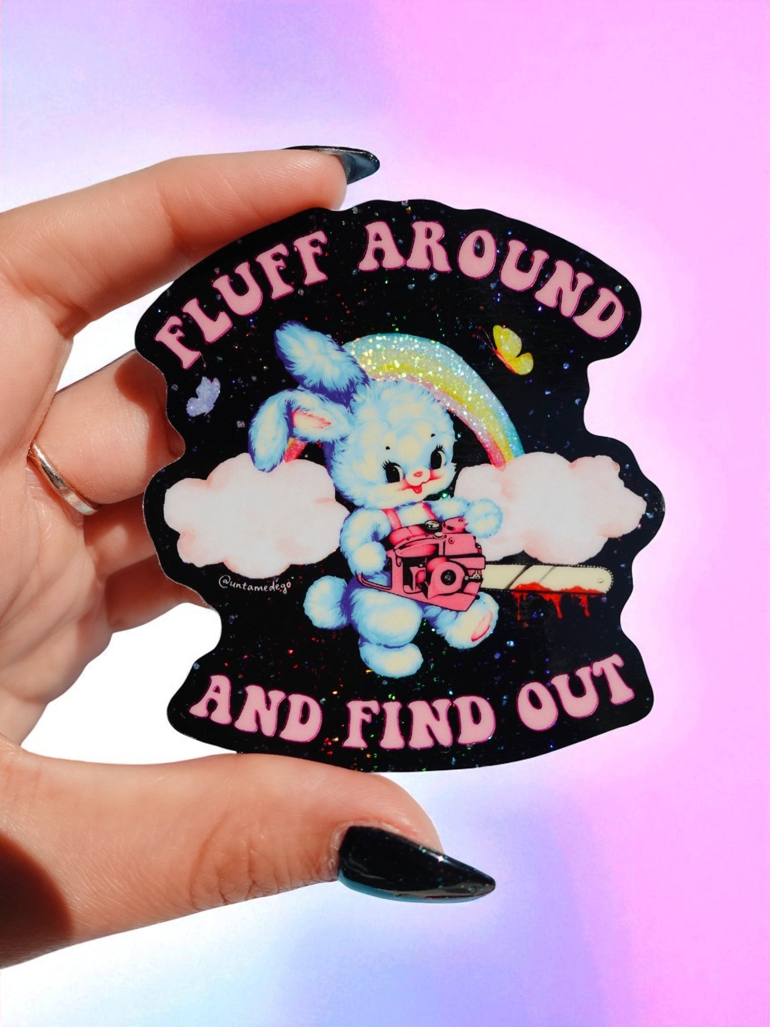 Fluff Around and Find Out – Retro Bunny Glitter Vinyl Sticker - UntamedEgo LLC.