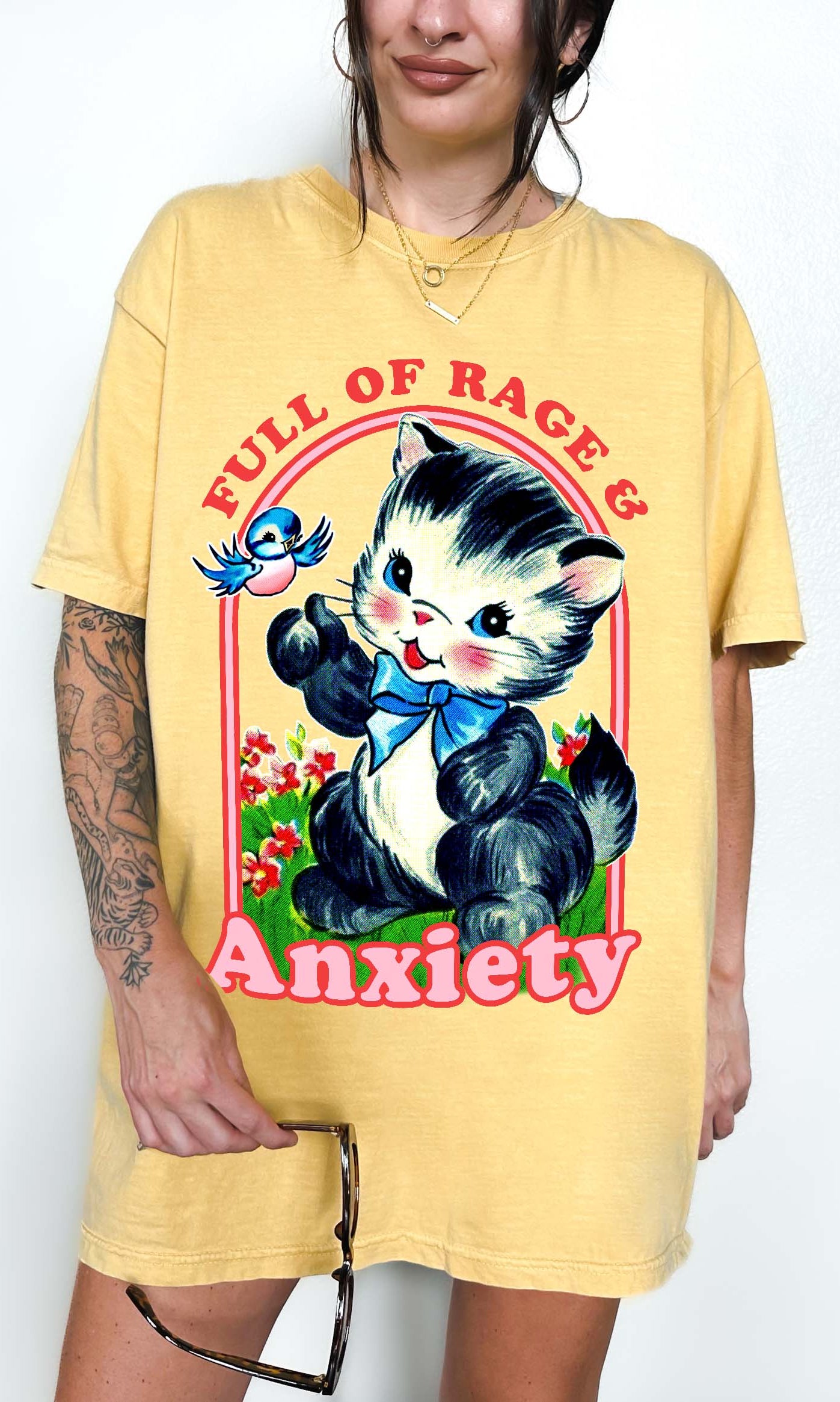 Funny anxiety shirt with cute kitten graphic saying full of rage and anxiety sarcastic mental health humor tee