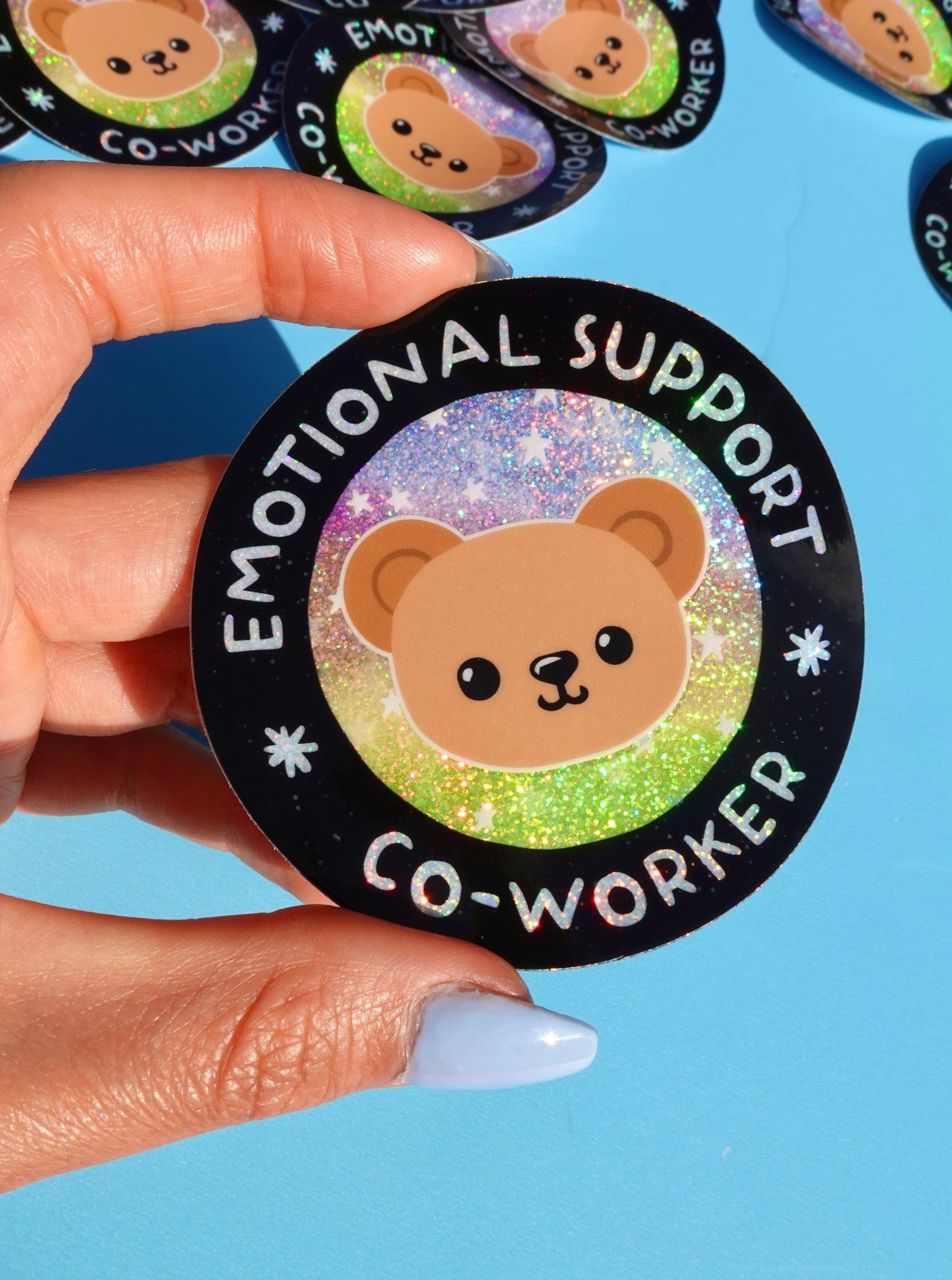 Funny Vinyl Sticker – Emotional Support Co - Worker – Glitter Holographic Waterproof Bear Decal for Work Laptop or Office Gift - UntamedEgo LLC.