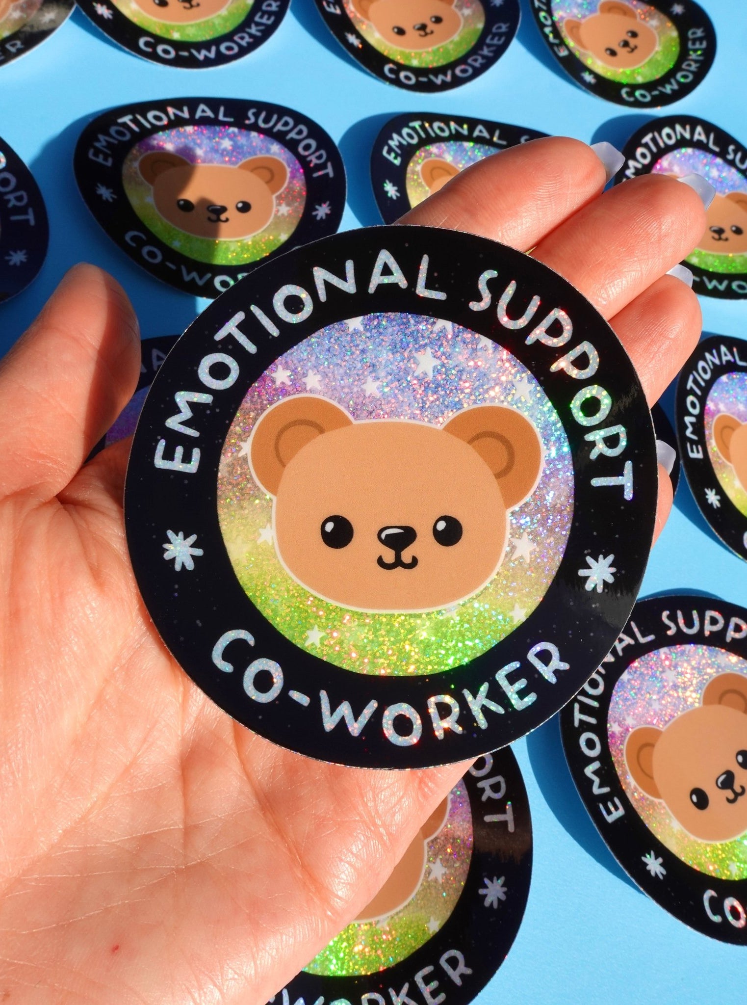 Funny Vinyl Sticker – Emotional Support Co - Worker – Glitter Holographic Waterproof Bear Decal for Work Laptop or Office Gift - UntamedEgo LLC.