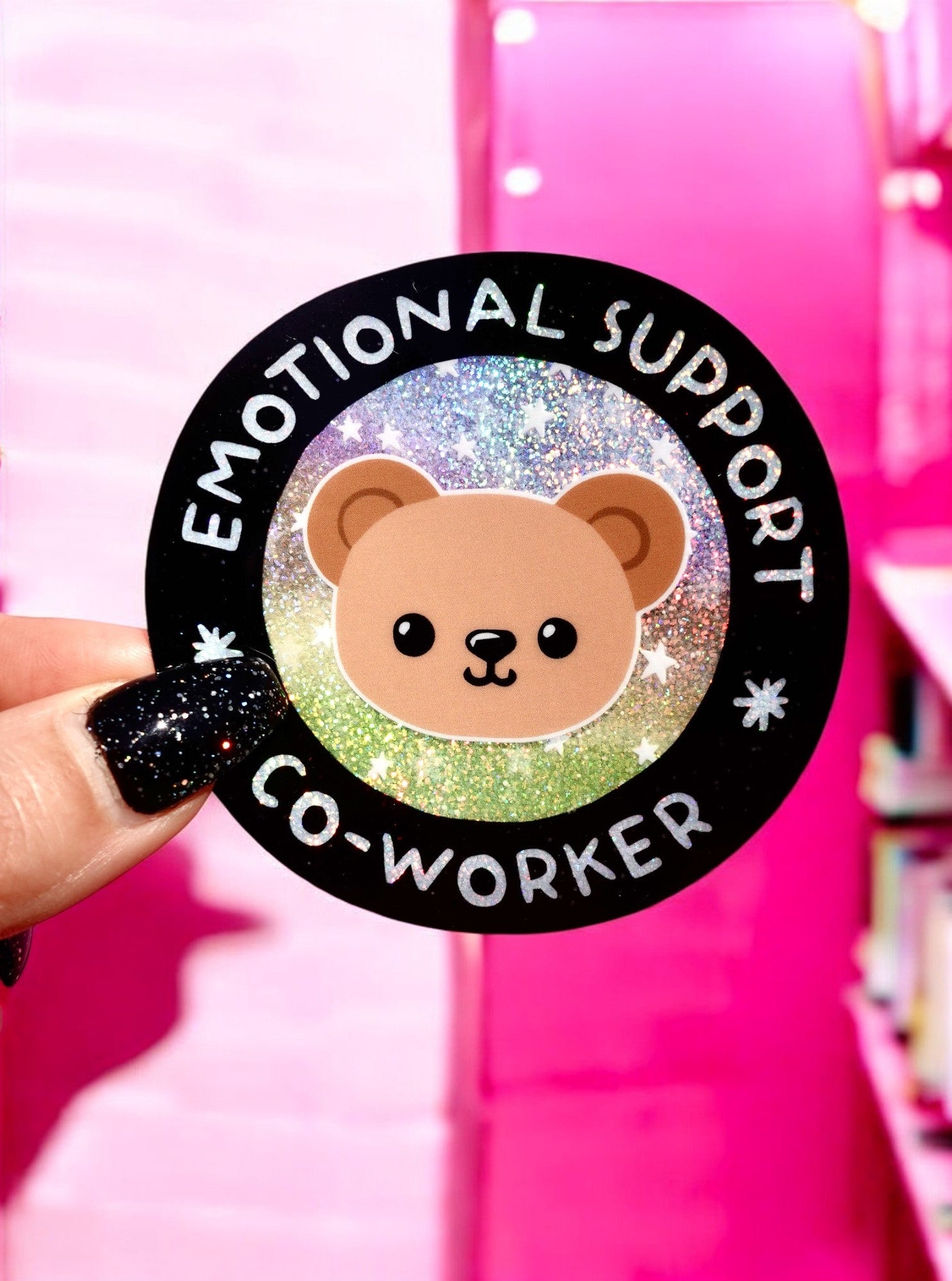 Funny Vinyl Sticker – Emotional Support Co - Worker – Glitter Holographic Waterproof Bear Decal for Work Laptop or Office Gift - UntamedEgo LLC.