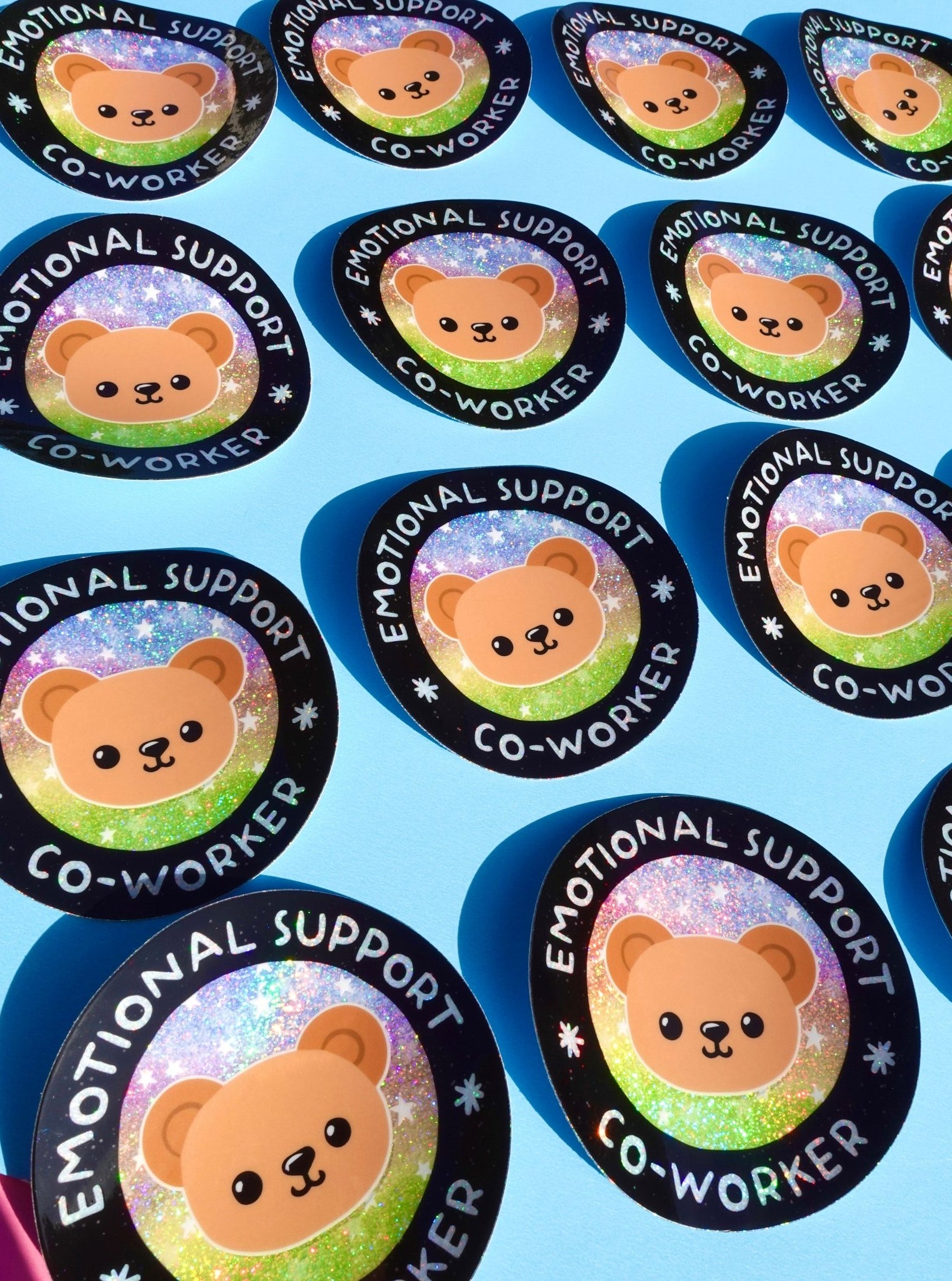 Funny Vinyl Sticker – Emotional Support Co - Worker – Glitter Holographic Waterproof Bear Decal for Work Laptop or Office Gift - UntamedEgo LLC.