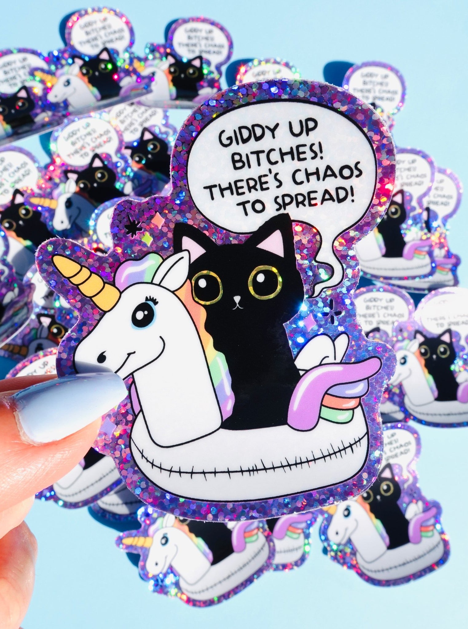 Funny Vinyl Sticker – Giddy Up Bitches – Holographic Cat and Unicorn Waterproof Decal - UntamedEgo LLC.