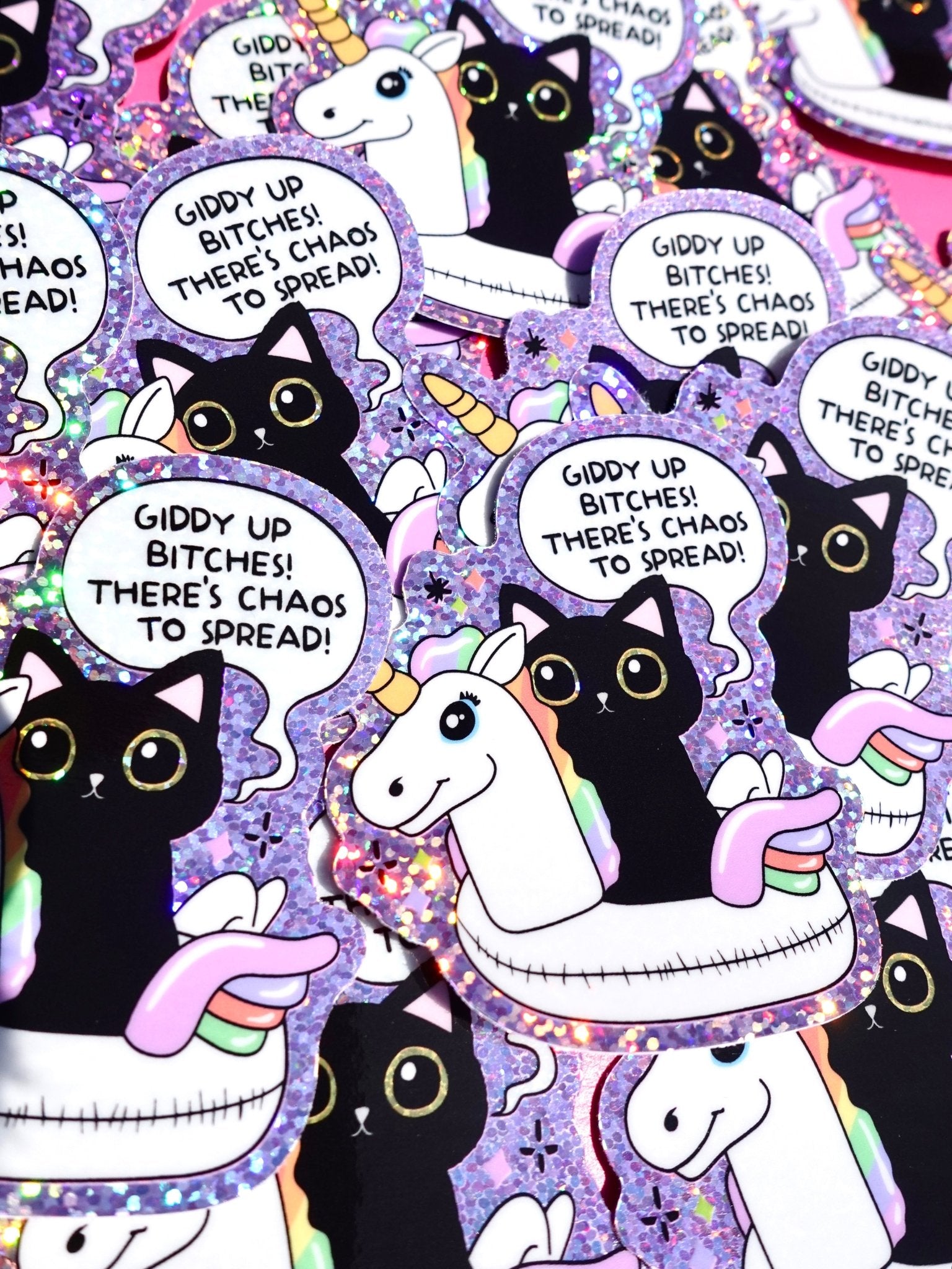 Funny Vinyl Sticker – Giddy Up Bitches – Holographic Cat and Unicorn Waterproof Decal - UntamedEgo LLC.