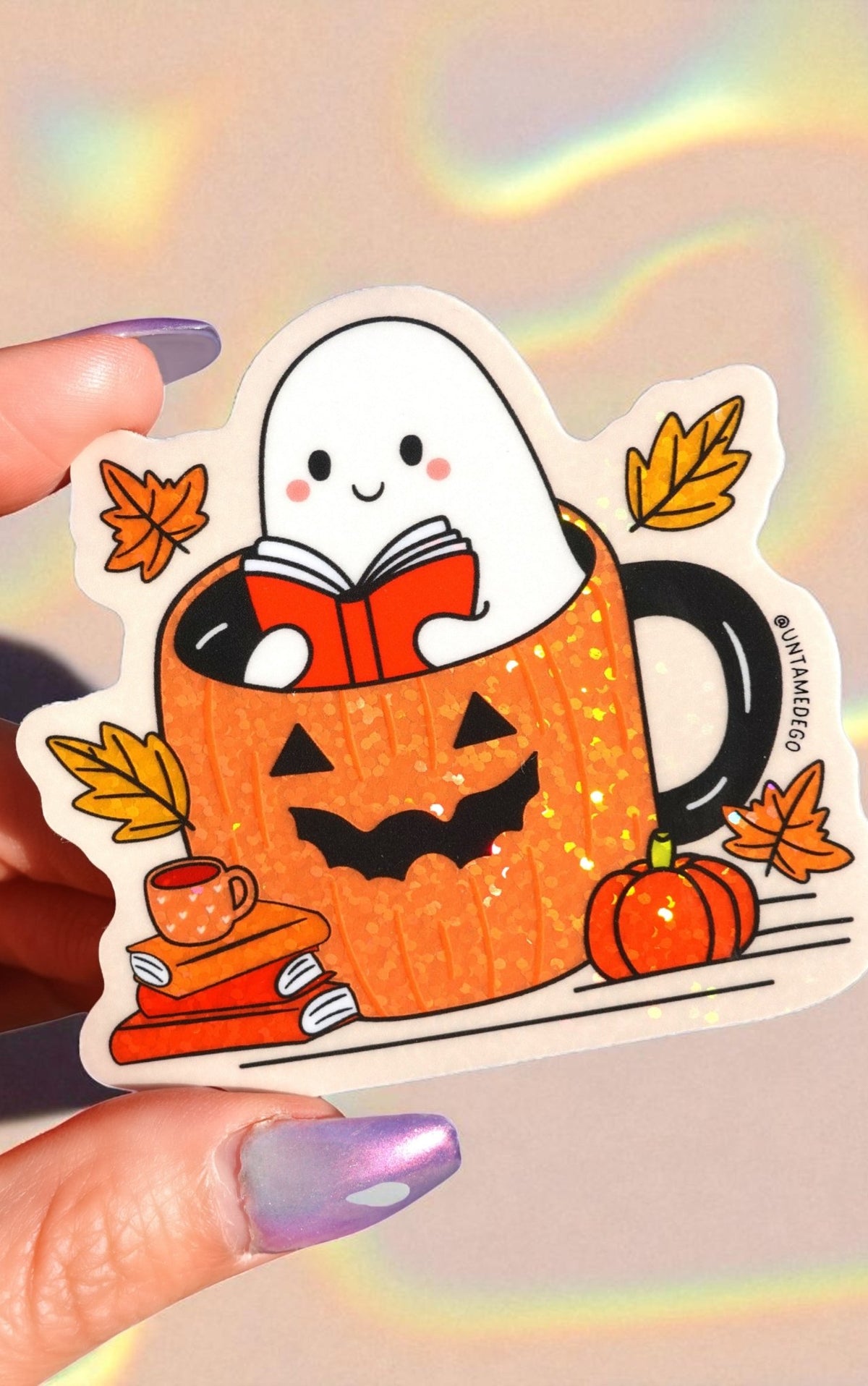 Ghost in Pumpkin Mug Sticker – Cozy Fall Glitter Vinyl Sticker - UntamedEgo LLC.