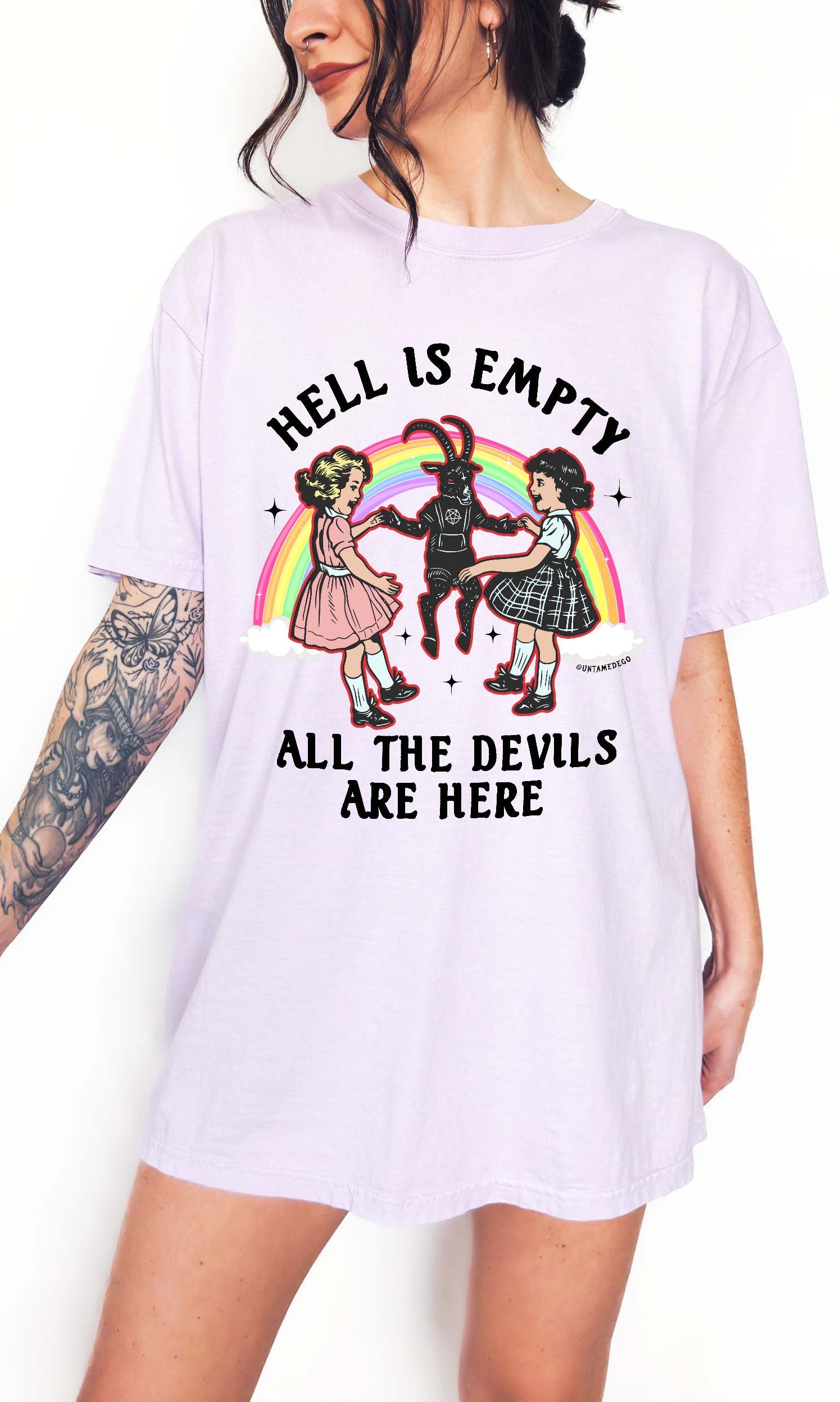 White t-shirt with graphic design and text worn by a person on a white background