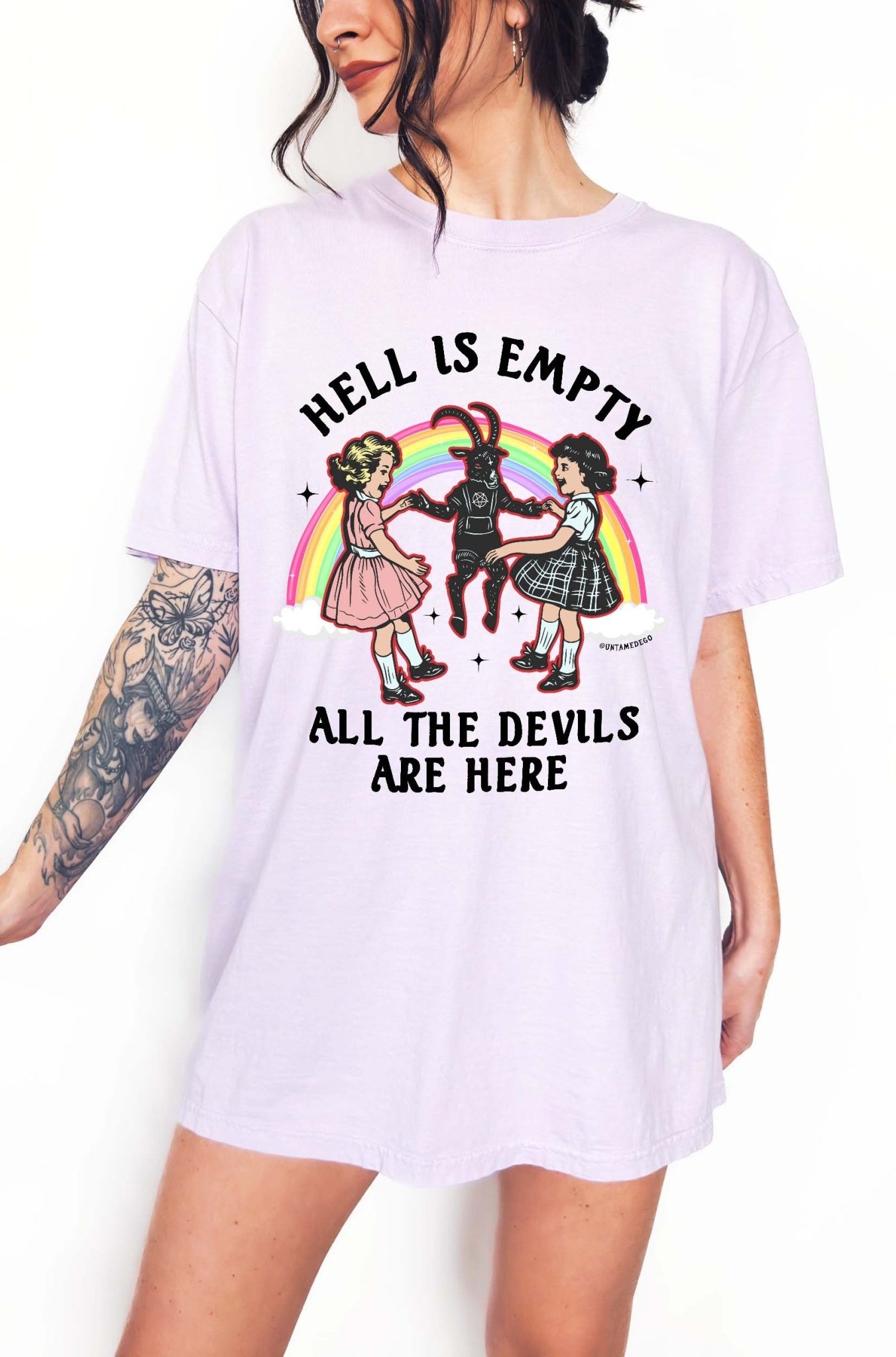 Dark humor graphic t-shirt with devil figure and text saying hell is empty all the devils are here