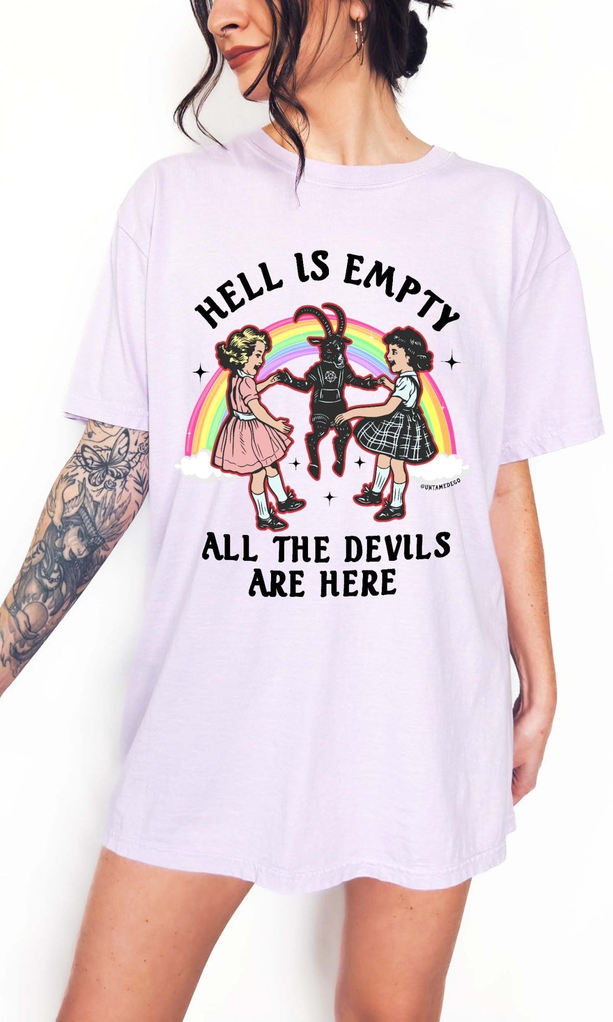 Dark humor graphic t-shirt with devil figure and text saying hell is empty all the devils are here