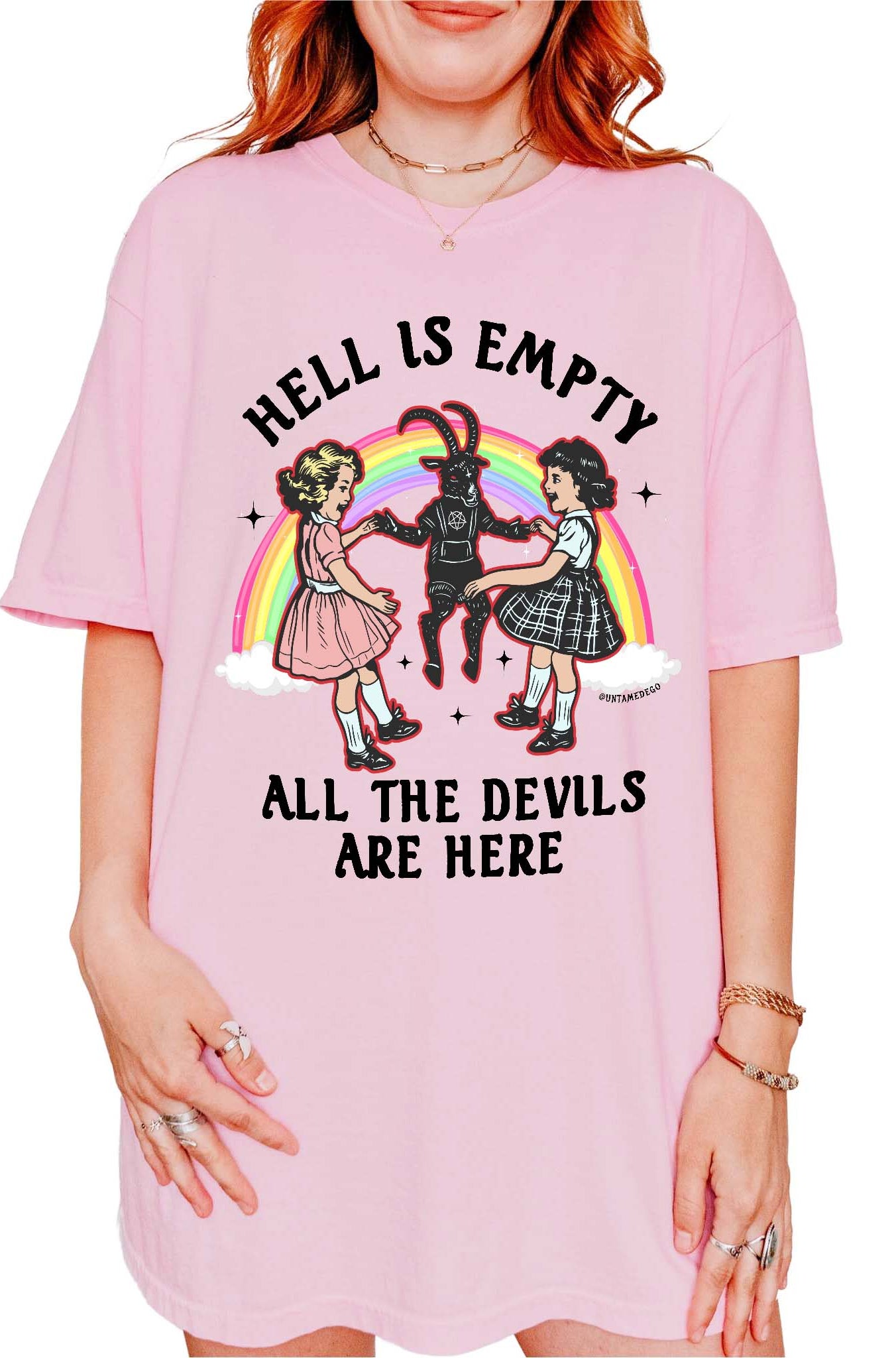 Dark humor graphic t-shirt with devil figure and text saying hell is empty all the devils are here