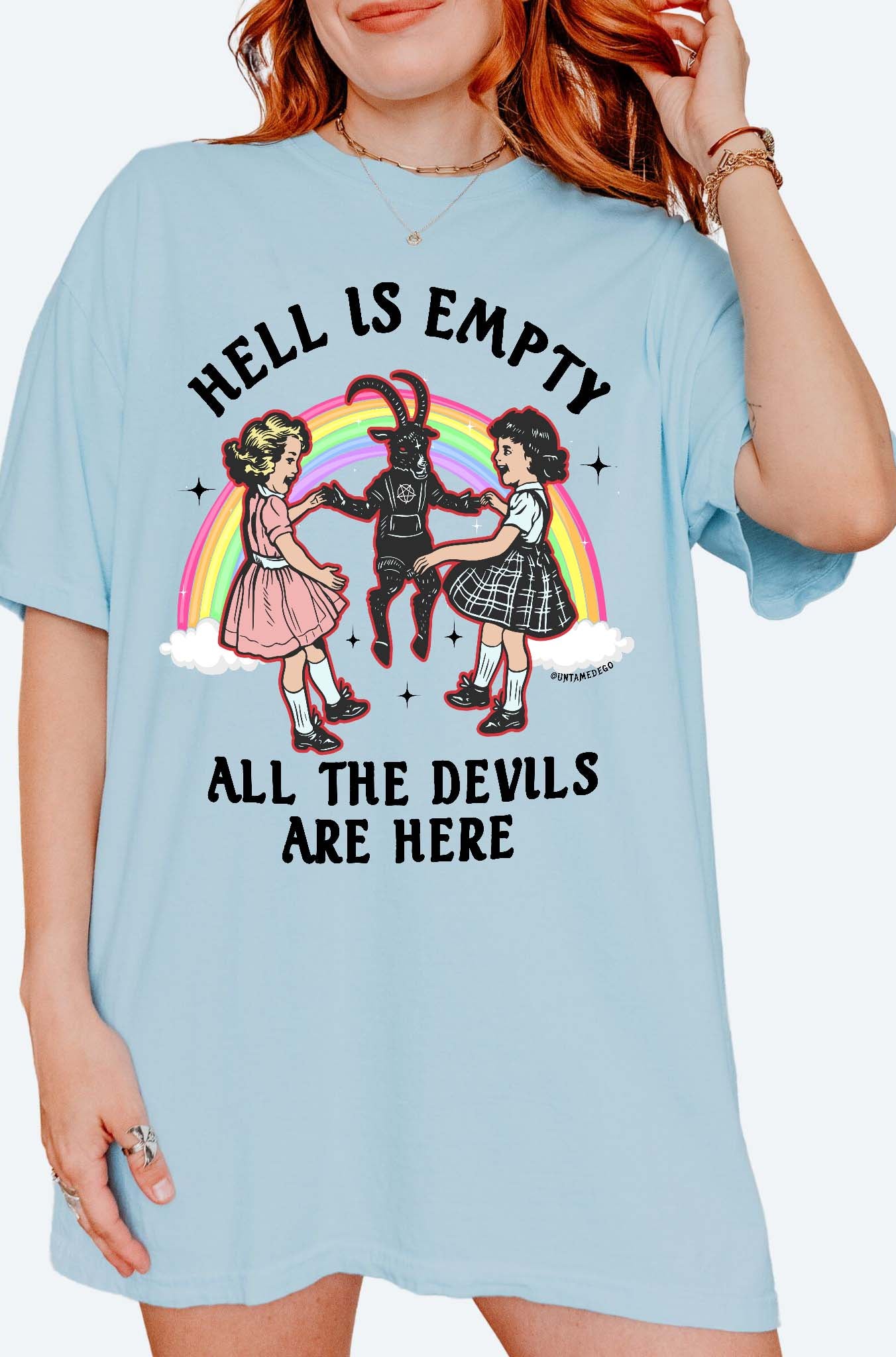 Dark humor graphic t-shirt with devil figure and text saying hell is empty all the devils are here