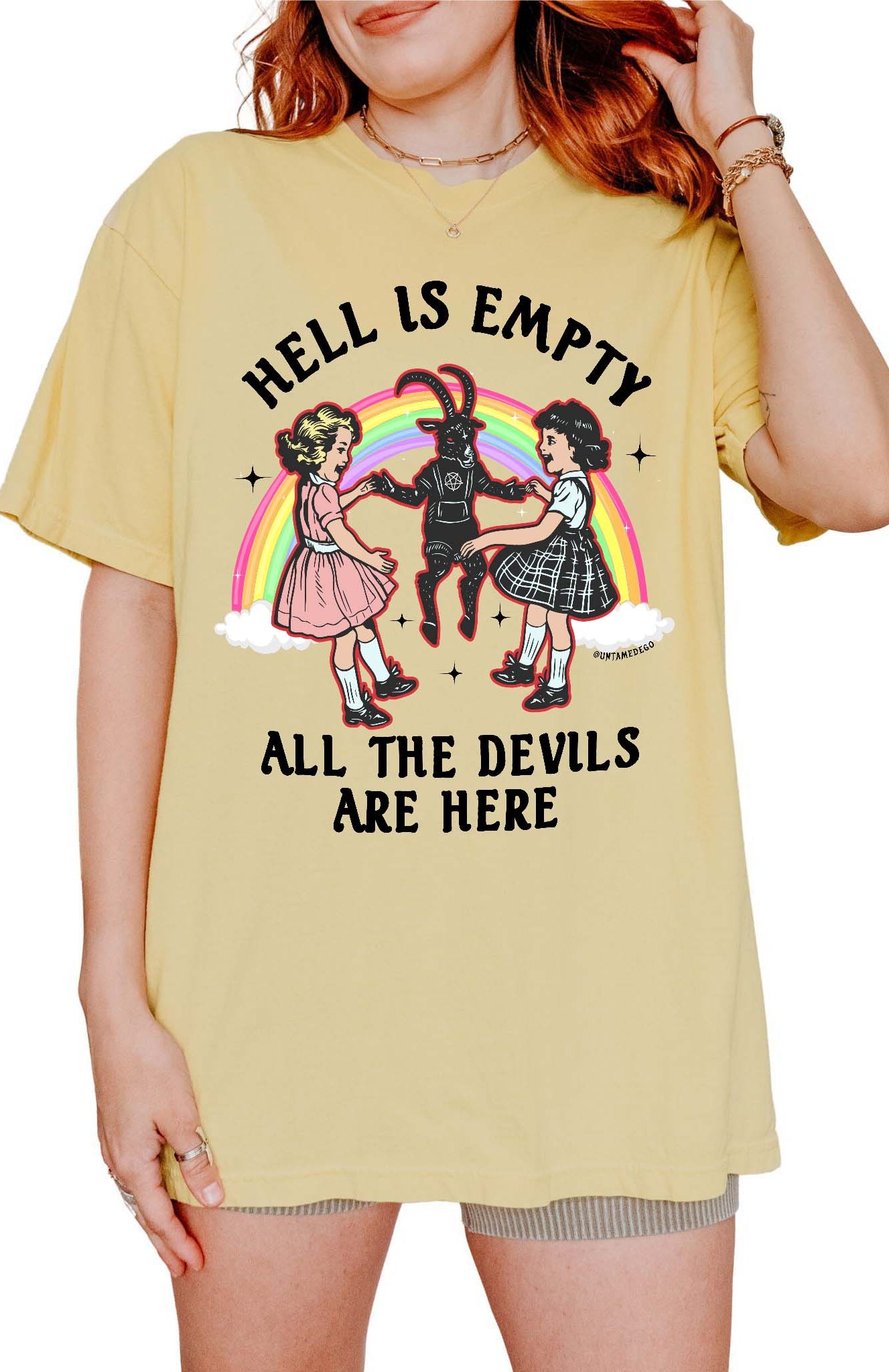 Dark humor graphic t-shirt with devil figure and text saying hell is empty all the devils are here