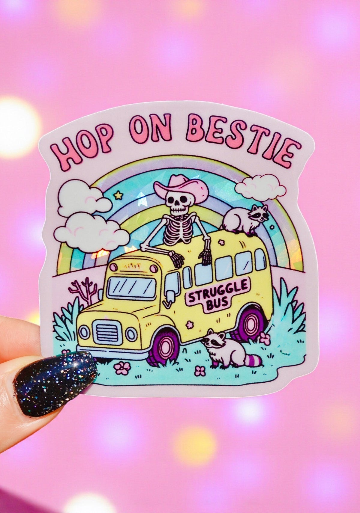 Hop On Bestie Sticker – Funny Struggle Bus Glitter Vinyl Sticker - UntamedEgo LLC.