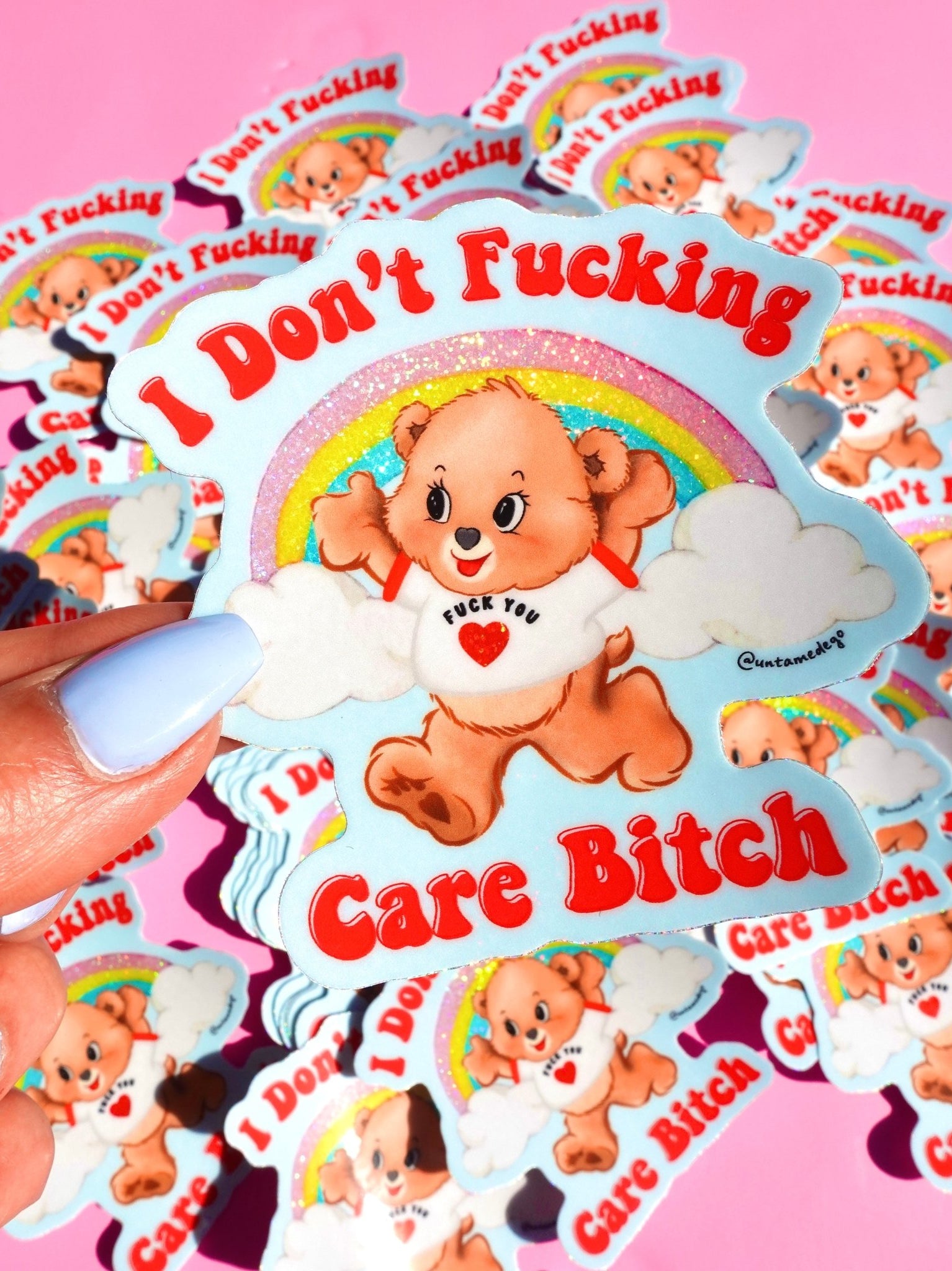 I Don’t Fucking Care – Retro Bear Glitter Vinyl Sticker - UntamedEgo LLC.