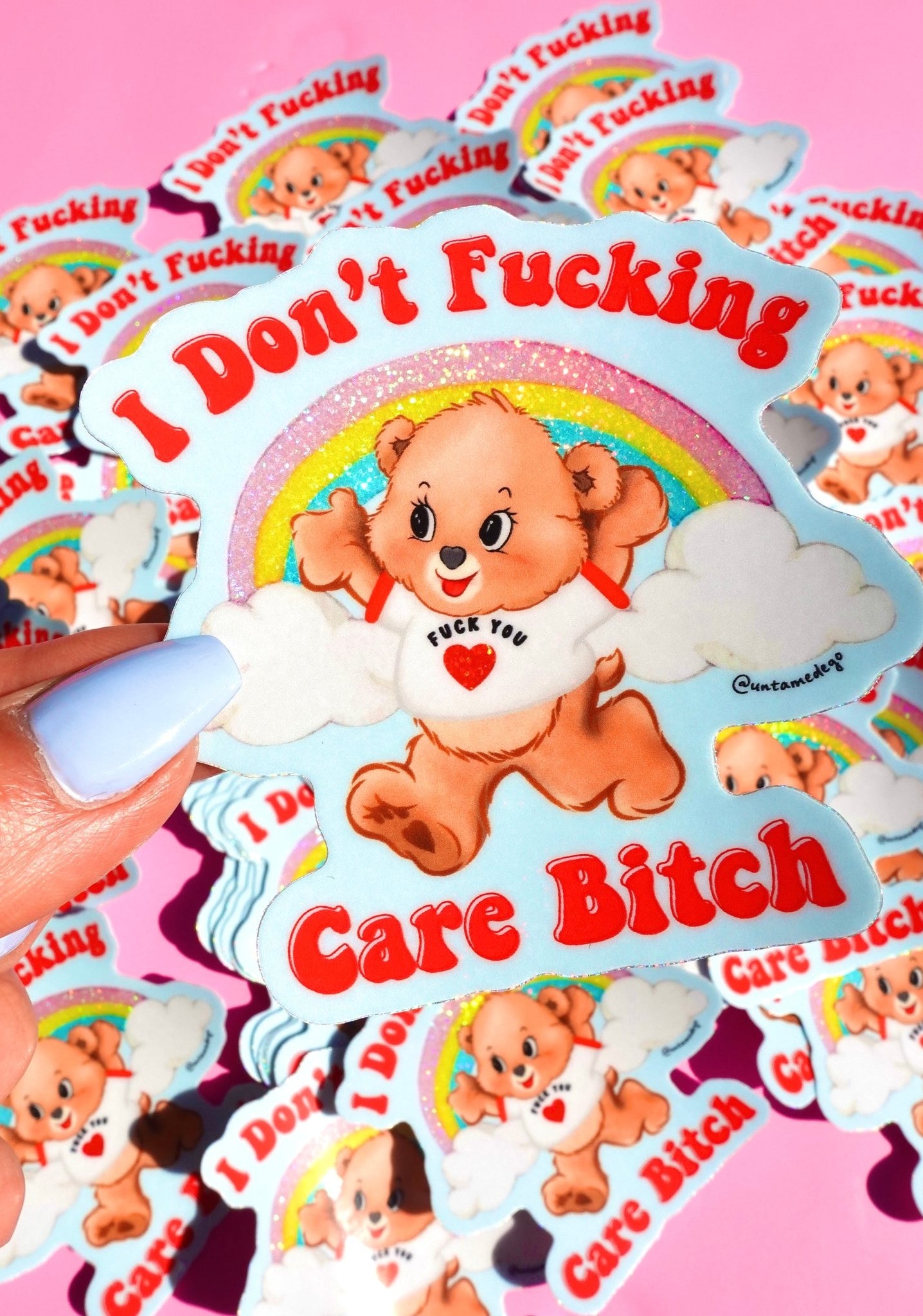 I Don’t Fucking Care – Retro Bear Glitter Vinyl Sticker - UntamedEgo LLC.