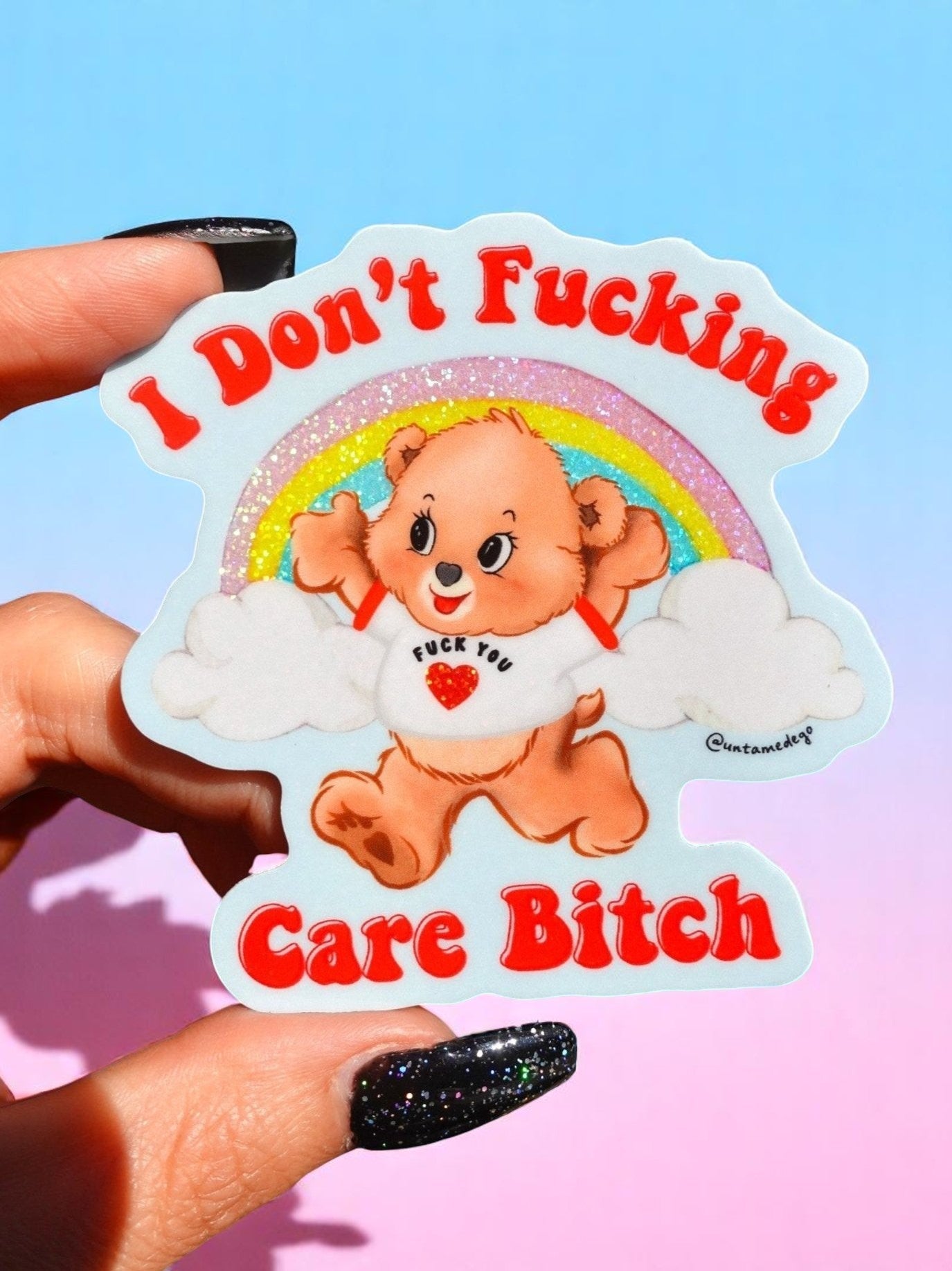 I Don’t Fucking Care – Retro Bear Glitter Vinyl Sticker - UntamedEgo LLC.
