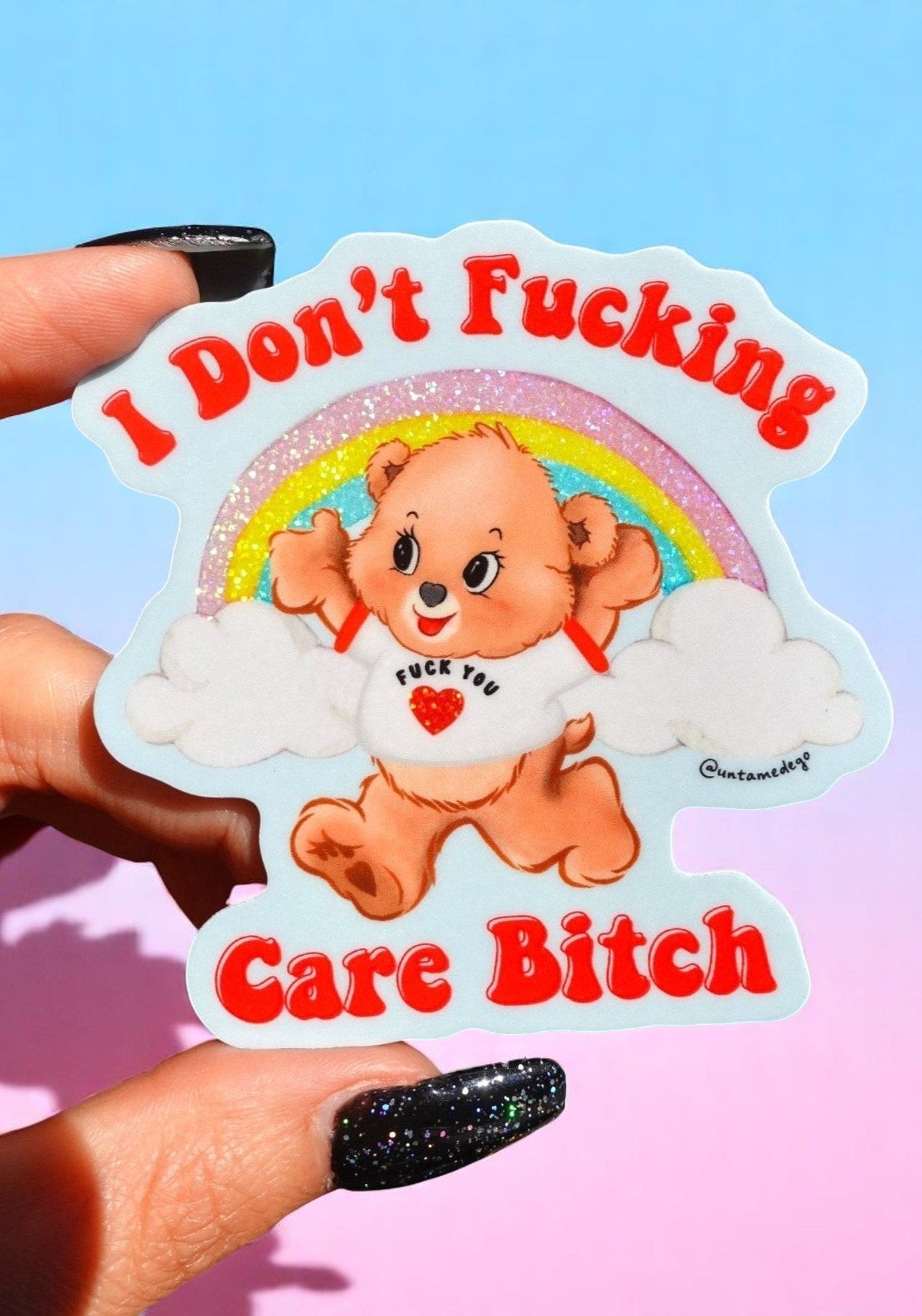 I Don’t Fucking Care – Retro Bear Glitter Vinyl Sticker - UntamedEgo LLC.