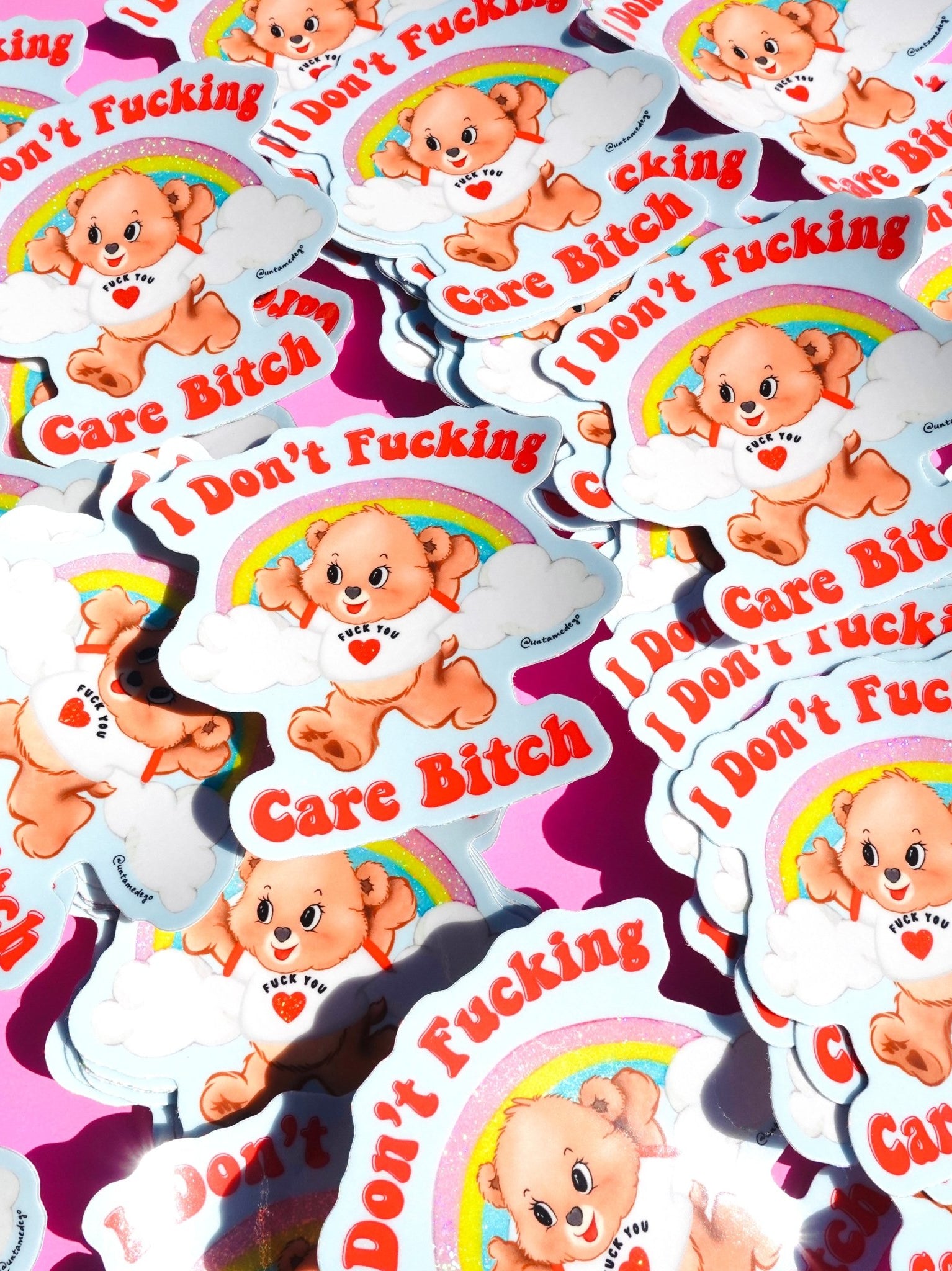 I Don’t Fucking Care – Retro Bear Glitter Vinyl Sticker - UntamedEgo LLC.