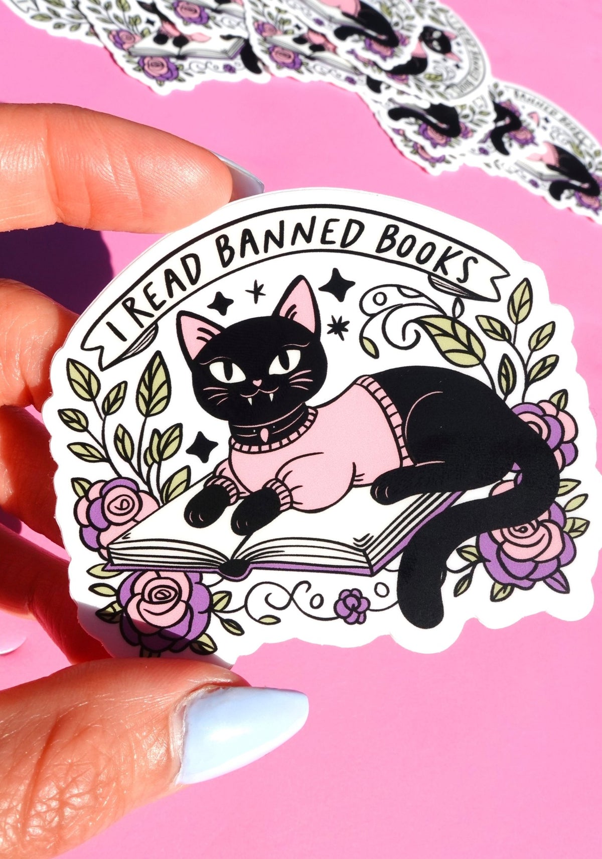 I Read Banned Books Sticker – Black Cat Reading Vinyl Decal – Feminist Book Lover Waterproof - UntamedEgo LLC.