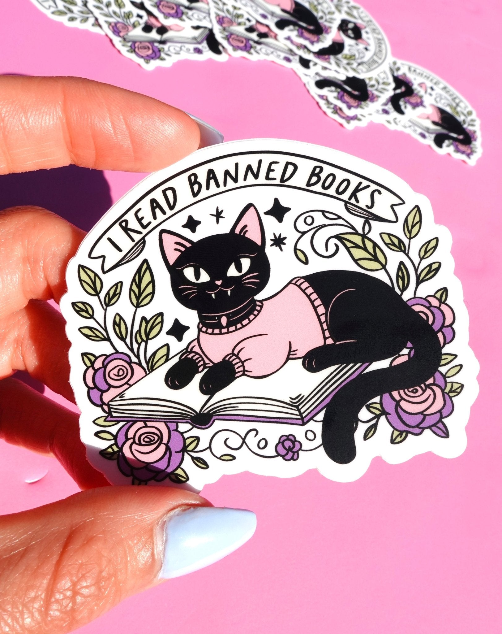 I Read Banned Books Sticker – Black Cat Reading Vinyl Decal – Feminist Book Lover Waterproof - UntamedEgo LLC.